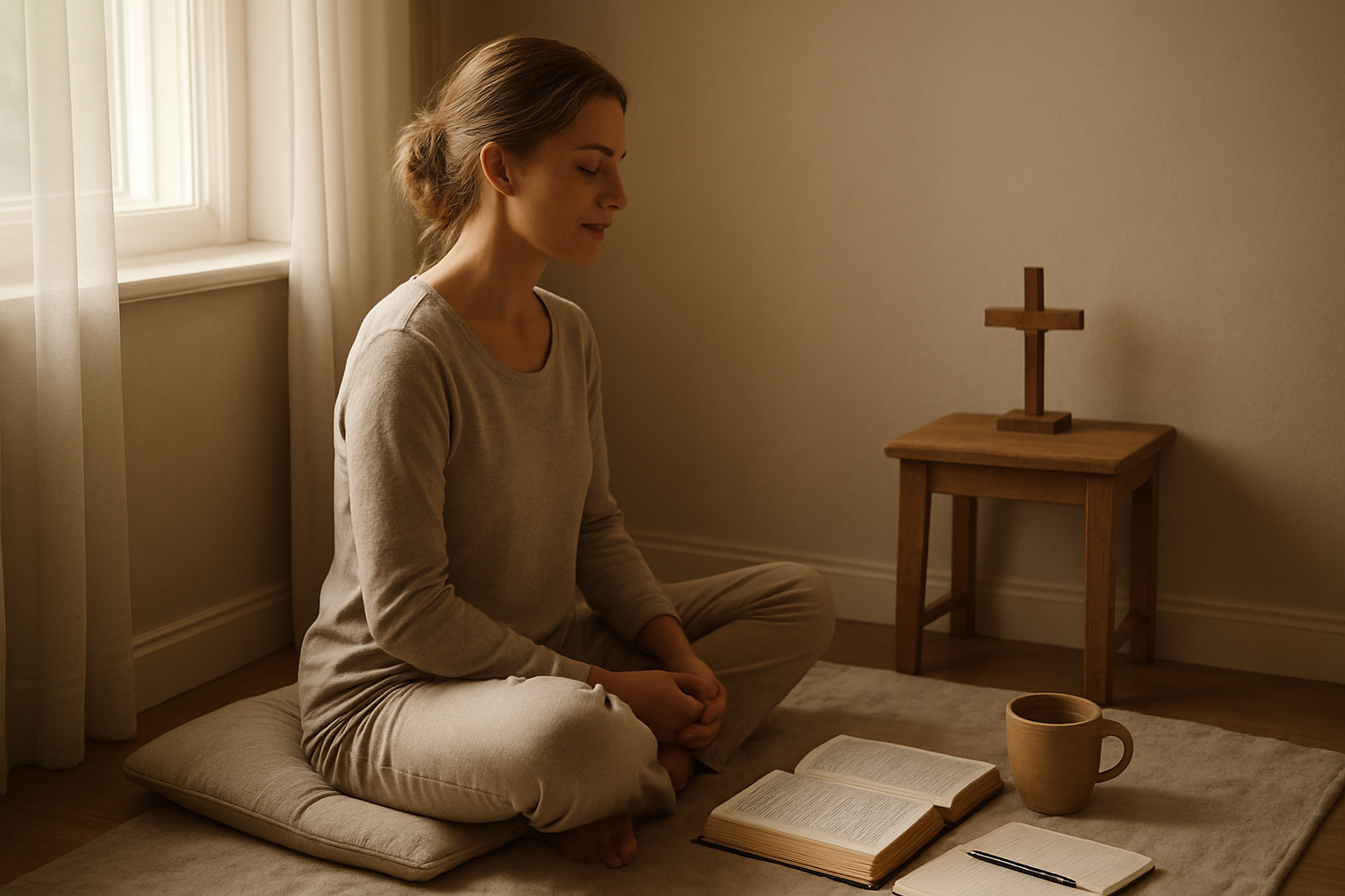 Create a realistic image of a peaceful morning scene showing a white female sitting cross-legged on a comfortable cushion in a serene corner of a room, with an open Bible and journal beside her, soft natural light streaming through a nearby window, a small wooden cross on a side table, and a warm cup of tea or coffee nearby, capturing the essence of establishing daily spiritual practices in a calm, contemplative atmosphere, absolutely NO text should be in the scene.