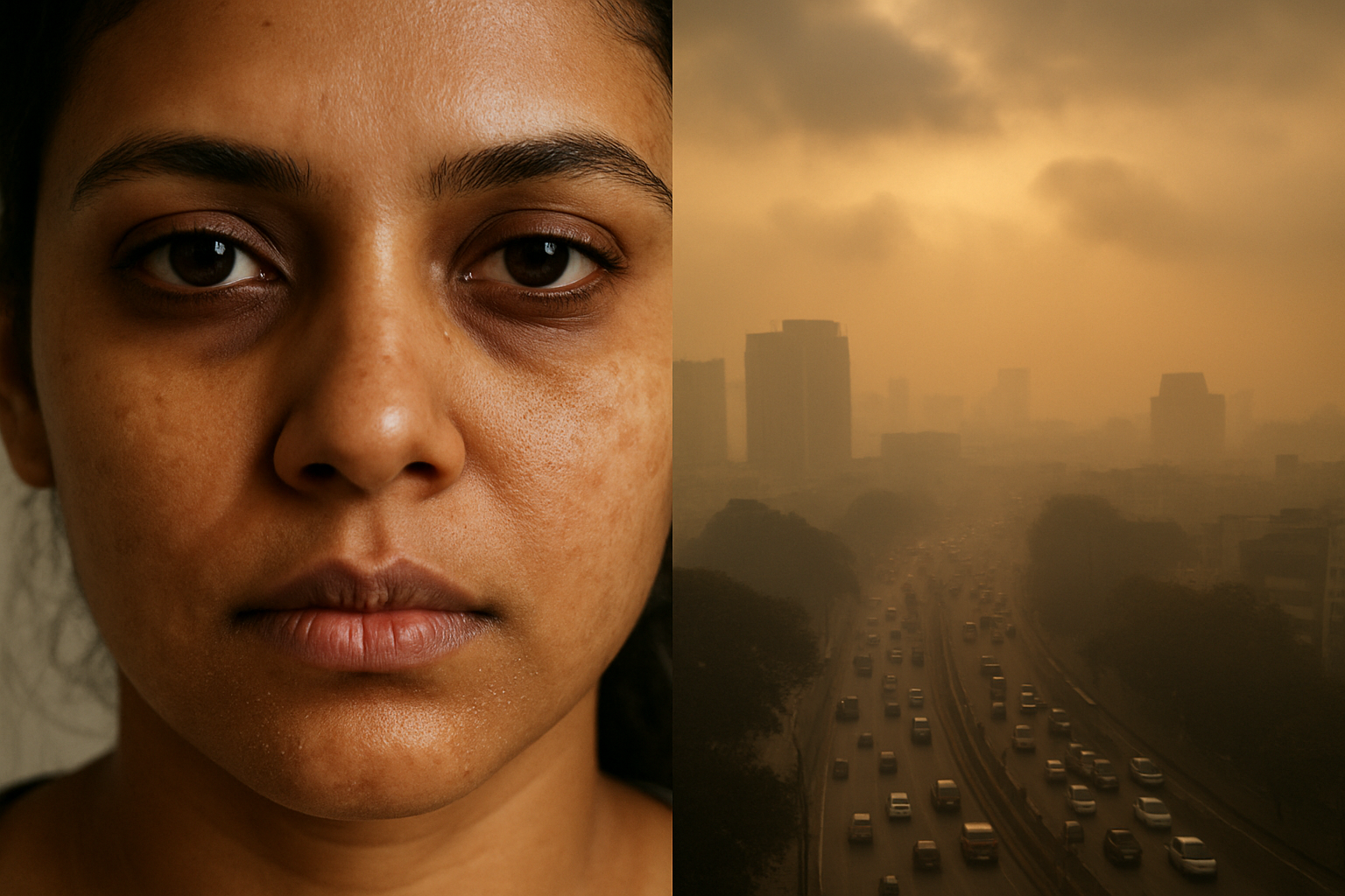 Create a realistic image of a split-screen composition showing Bangalore's urban climate effects on skin, featuring a close-up of a South Asian female face on one side with visible skin concerns like dryness and pollution effects, while the other side shows Bangalore's cityscape with smoggy air, traffic pollution, and humid weather conditions including grey clouds and hazy atmosphere, with warm golden lighting filtering through the pollution, creating a documentary-style mood that illustrates the connection between urban environment and skin health, absolutely NO text should be in the scene.