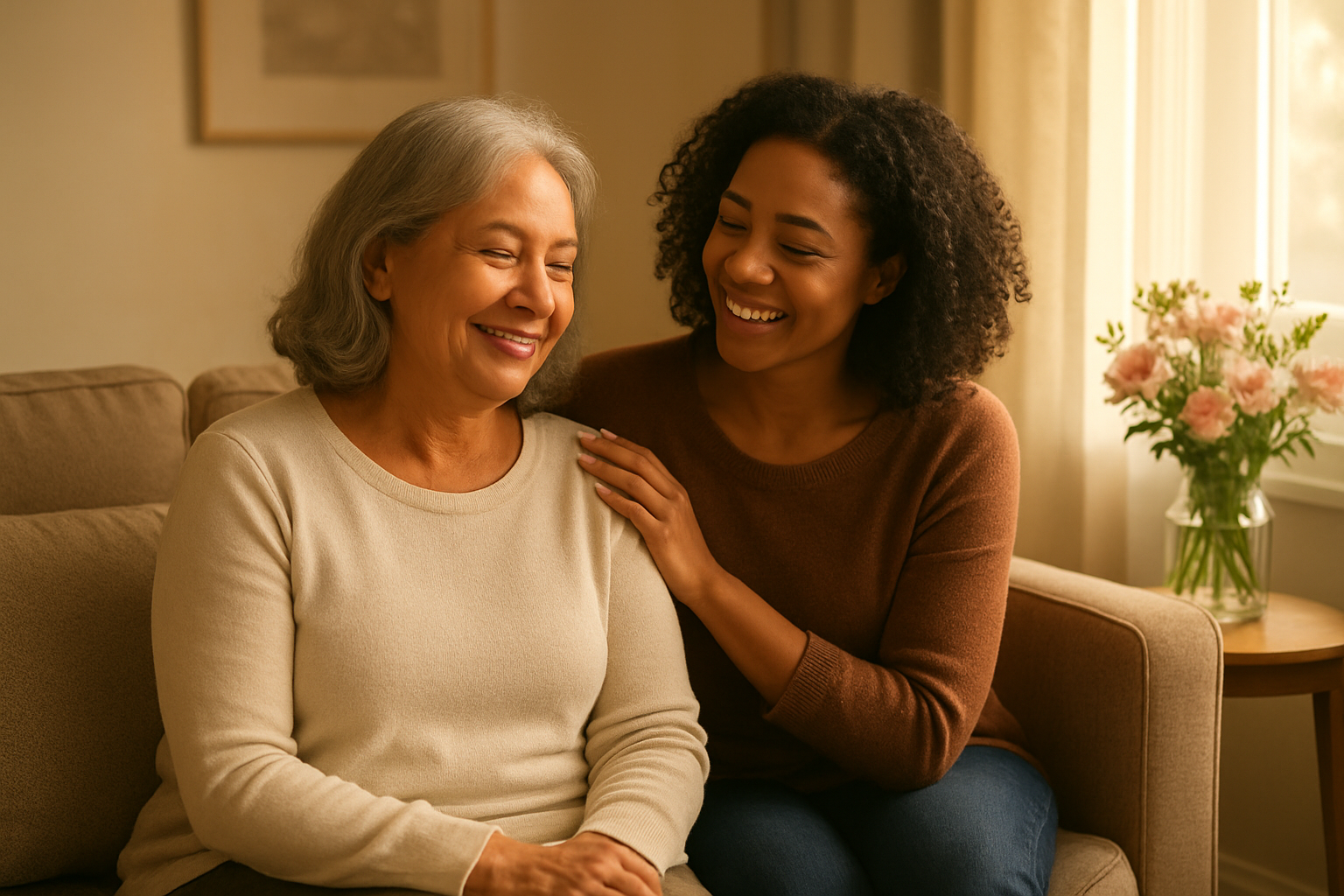 Create a realistic image of a warm, softly-lit living room scene showing a middle-aged white female mother sitting on a comfortable couch with a gentle, content smile while her adult black female daughter sits beside her, both looking relaxed and happy, with the daughter's hand resting supportively on her mother's shoulder, surrounded by soft natural lighting from a nearby window, fresh flowers in a vase on a side table, and a cozy home atmosphere that conveys emotional well-being, gratitude, and the positive psychological impact of family appreciation, absolutely NO text should be in the scene.