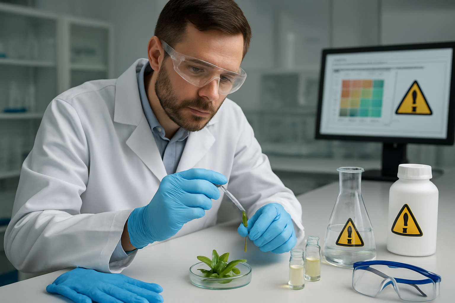 Create a realistic image of a modern medical research laboratory with safety equipment prominently displayed, including protective gloves, safety goggles, and hazard warning symbols on laboratory containers, a white male scientist in a lab coat carefully examining plant specimens and chemical compounds on a clean workbench, with risk assessment charts and safety protocols visible on a computer screen in the background, professional lighting illuminating the sterile environment, mood conveying careful scientific evaluation and medical precaution, absolutely NO text should be in the scene.