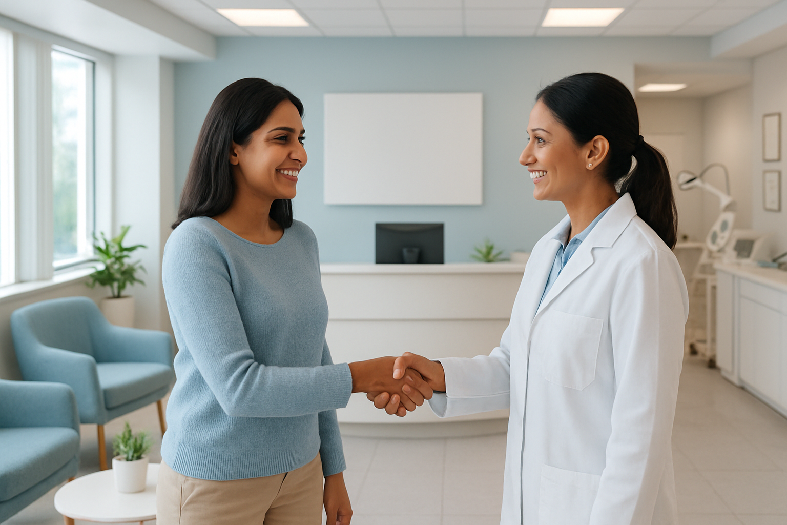 Create a realistic image of a modern, upscale dermatology clinic interior featuring a clean reception area with contemporary white and light blue decor, comfortable seating, a sleek reception desk, and visible advanced medical equipment in the background, with a satisfied Indian female patient in her 30s shaking hands with a professional Indian female dermatologist wearing a white coat, both smiling confidently, soft natural lighting streaming through large windows creating a welcoming and trustworthy atmosphere, potted plants and certificates on walls adding warmth to the clinical setting, absolutely NO text should be in the scene.