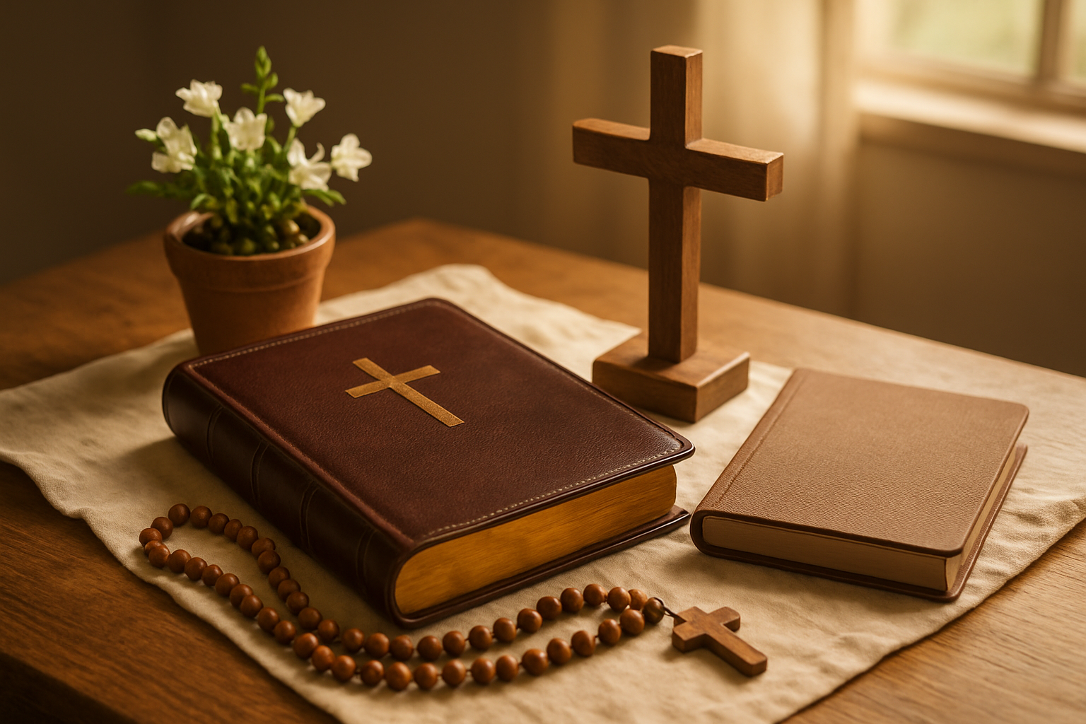 Create a realistic image of a beautifully arranged collection of Christian faith-centered gifts on a wooden table, including an elegant leather-bound Bible with gold lettering, a wooden cross sculpture, prayer beads, a devotional journal, and a small potted plant with white flowers, all arranged on a soft cream-colored cloth with warm natural lighting streaming through a nearby window, creating a peaceful and spiritual atmosphere that conveys connection to faith, absolutely NO text should be in the scene.