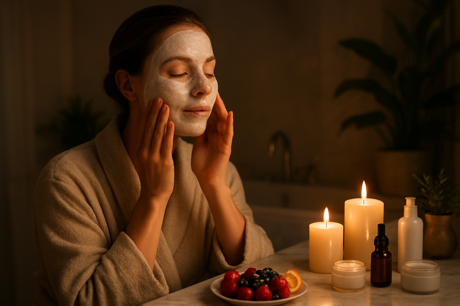 Create a realistic image of a peaceful nighttime skincare routine scene featuring a white female in her 30s applying a nourishing face mask in a dimly lit bathroom, with soft warm lighting from candles, beauty products and fresh fruits like berries and citrus arranged on a marble countertop, a glass of water nearby, and a serene spa-like atmosphere with plants in the background, capturing the essence of overnight beauty preparation and self-care rituals. Absolutely NO text should be in the scene.