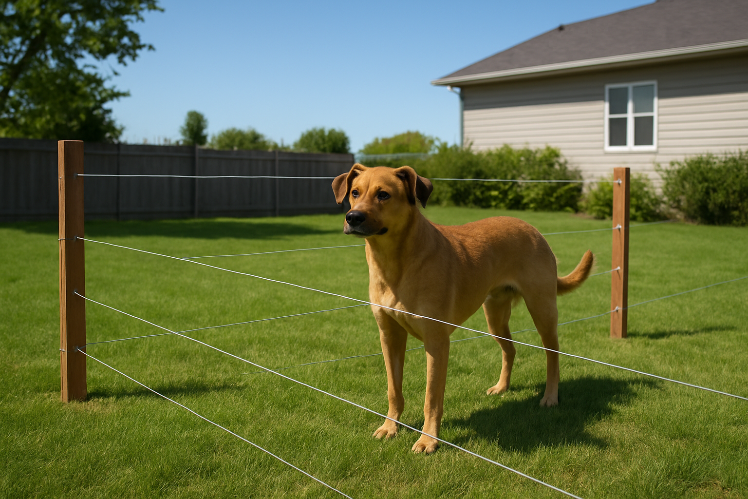 Create a realistic image of an electric wire dog fence system installed in a residential backyard, showing thin wire strands running between wooden or metal posts at ground level around a grassy yard perimeter, with a medium-sized dog safely contained within the fenced area, clear blue sky background, bright daylight lighting, and a modest suburban home visible in the distance, focusing on the simplicity and affordability of the electric wire fencing setup, absolutely NO text should be in the scene.
