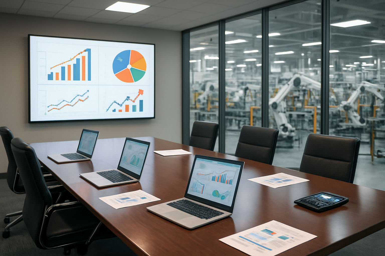 Create a realistic image of a modern corporate boardroom with a large wall-mounted display showing colorful charts, graphs, and ROI metrics with upward trending arrows, a polished conference table with laptops and financial reports scattered across it, large windows overlooking a manufacturing facility with automated robotic systems visible in the background, professional lighting creating a bright and optimistic atmosphere, calculator and tablet devices on the table displaying business analytics dashboards, sleek modern office furniture in neutral tones, absolutely NO text should be in the scene.