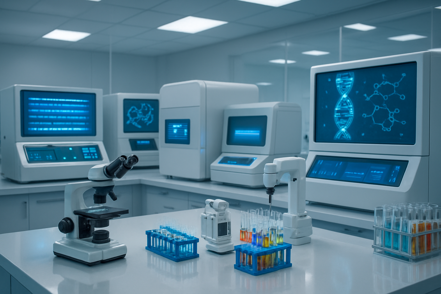 Create a realistic image of a modern biomedical laboratory featuring advanced biopharmaceutical equipment including DNA sequencers, protein analyzers, and cell culture incubators with glowing blue LED displays, pristine white laboratory benches with high-tech microscopes and robotic pipetting systems, glass vials containing colorful liquid samples in organized racks, a large digital display showing molecular structures and genetic sequences, soft fluorescent lighting creating a clean clinical atmosphere, and subtle reflections on polished surfaces suggesting innovation and cutting-edge technology, absolutely NO text should be in the scene.