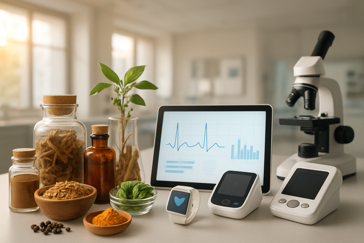 Create a realistic image of ancient Ayurvedic elements seamlessly integrated with modern medical technology, featuring traditional herbs, spices, and medicinal plants in glass containers alongside sleek digital health monitoring devices, tablets displaying health data, and modern laboratory equipment, with a clean, bright healthcare facility background that has warm natural lighting filtering through windows, creating a harmonious blend of golden traditional elements and cool blue-white technological components, with a peaceful and innovative atmosphere that conveys trust and advancement, absolutely NO text should be in the scene.