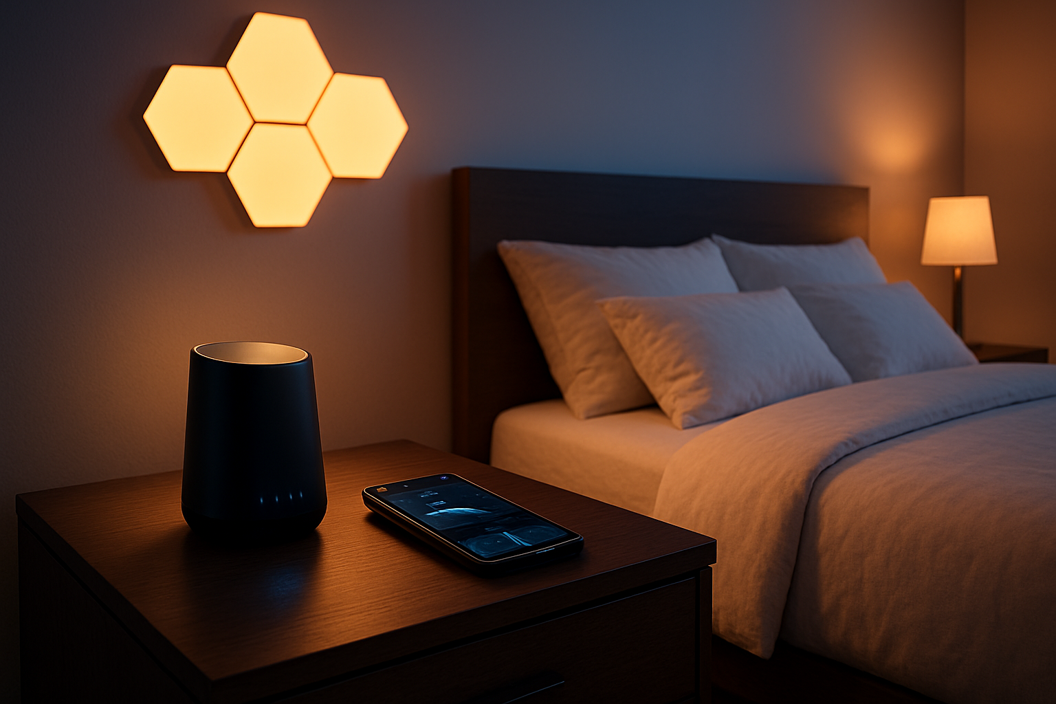 Create a realistic image of a modern bedroom featuring smart sleep technology gadgets including a sleek bedside device with soft blue LED indicators, a smartphone on a wireless charging pad displaying sleep tracking data, smart lighting panels on the wall emitting warm ambient light, and a contemporary bed with white linens in a minimalist bedroom setting with dark wood furniture, captured in evening lighting with a calm and peaceful atmosphere, absolutely NO text should be in the scene.
