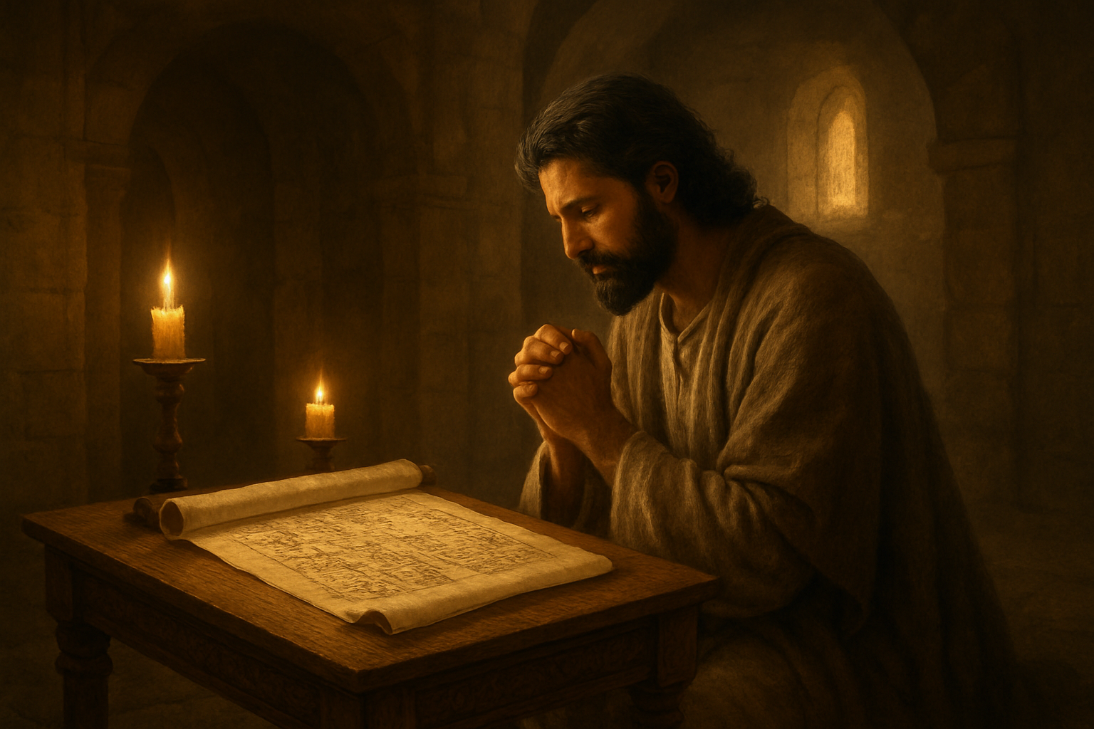 Create a realistic image of an ancient Middle Eastern male figure with dark hair and beard in traditional biblical robes, kneeling in prayer beside an ornate wooden table with an open ancient scroll displaying Hebrew text and genealogical charts, surrounded by warm candlelight in a stone chamber with arched doorways, creating a reverent and contemplative atmosphere that suggests divine revelation and prophetic fulfillment, with soft golden lighting filtering through small windows, absolutely NO text should be in the scene.