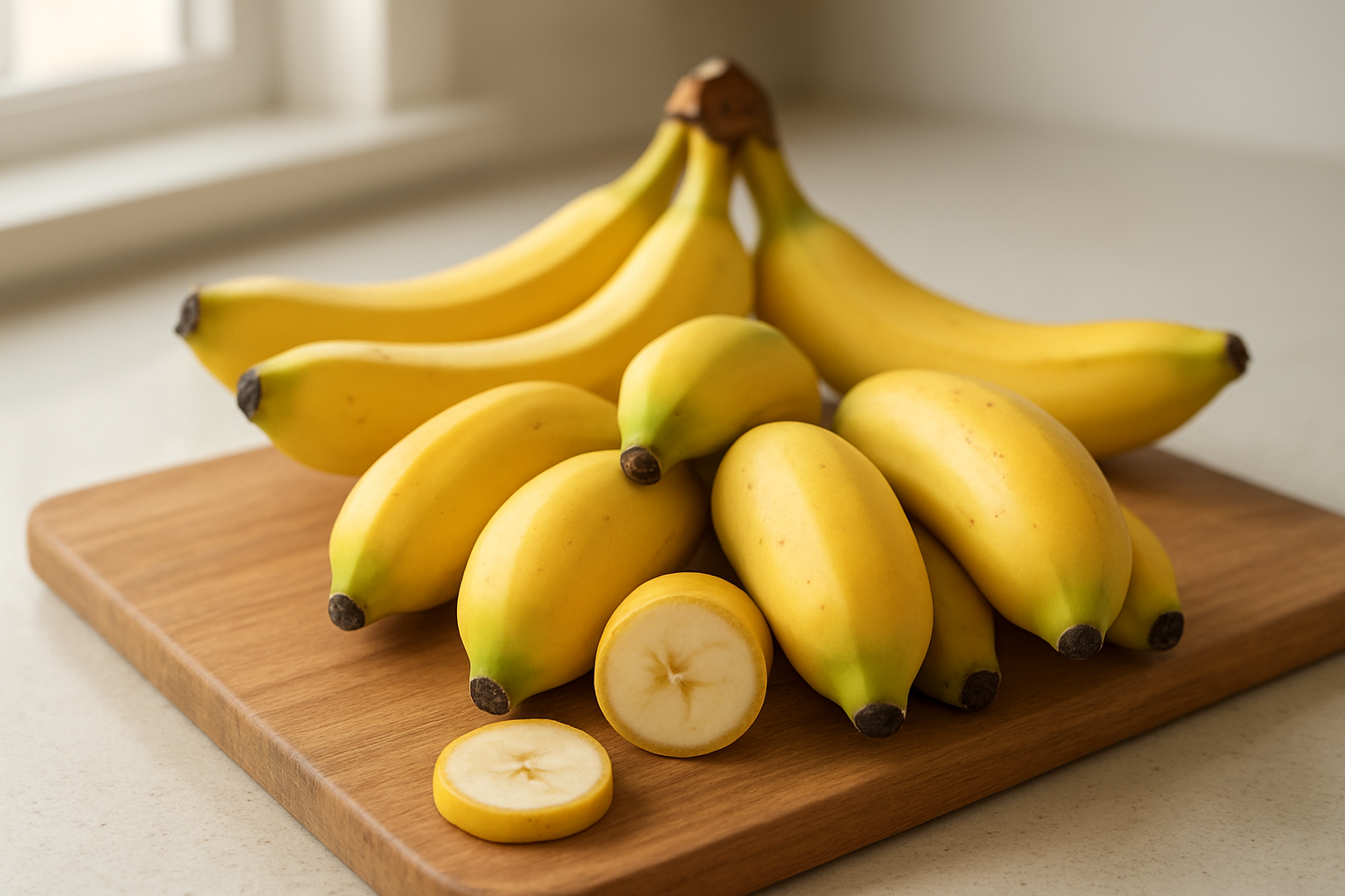 Create a realistic image of several apple bananas displayed on a wooden cutting board, showing their distinctive short, plump, golden-yellow appearance with slight green tinges, alongside regular bananas for size comparison, with some apple bananas cut in half to reveal their creamy white flesh, set against a clean kitchen counter background with soft natural lighting from a nearby window, highlighting the unique rounded shape and smaller size that distinguishes apple bananas from conventional bananas, absolutely NO text should be in the scene.