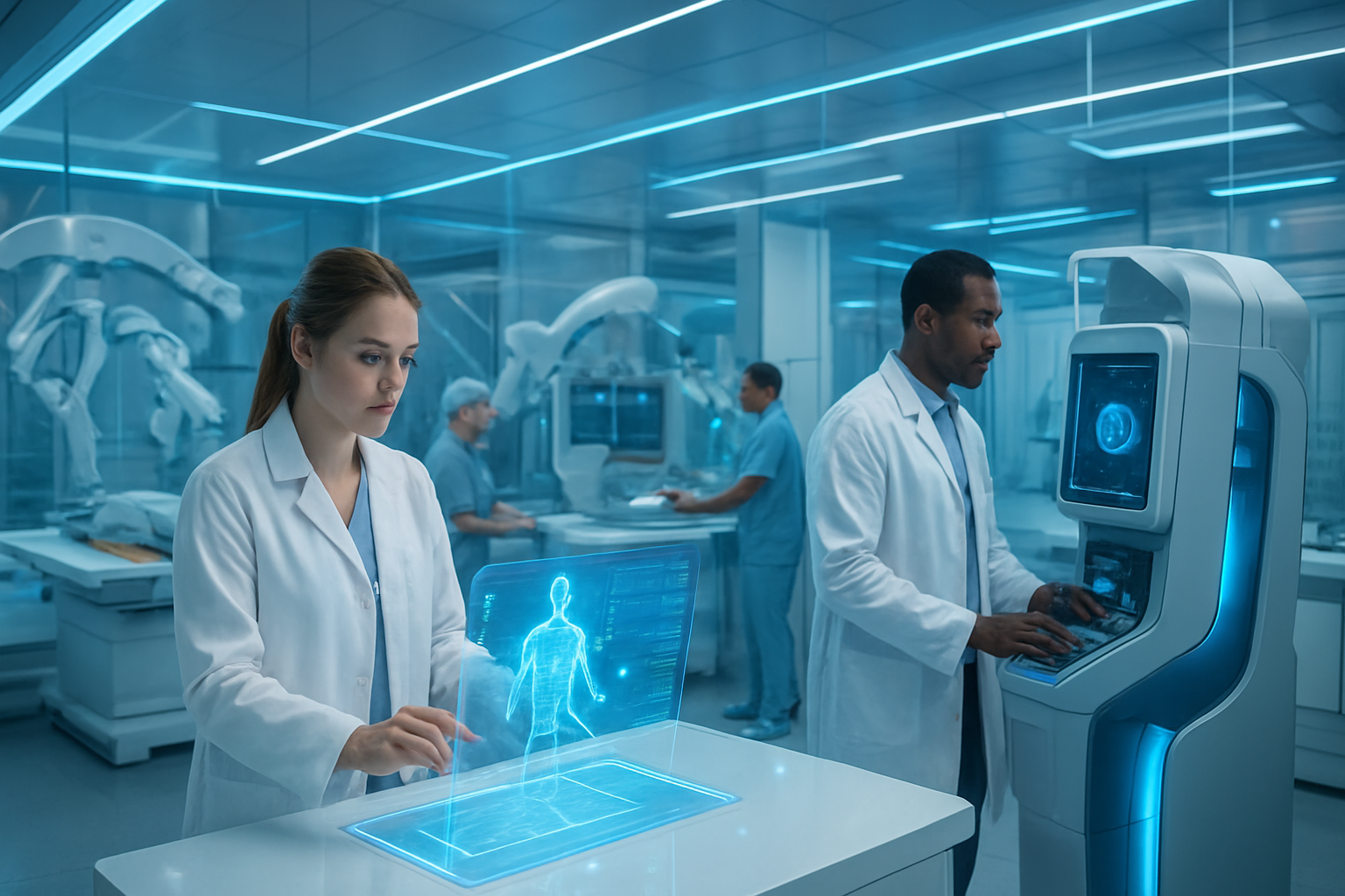 Create a realistic image of a state-of-the-art medical research laboratory with advanced scientific equipment including robotic surgical systems, AI-powered diagnostic machines, and high-tech medical devices, featuring diverse researchers including a white female scientist in a lab coat analyzing data on a holographic display and a black male researcher operating sophisticated medical technology, with modern glass architecture, sterile white surfaces, blue LED lighting creating a futuristic atmosphere, patients in the background receiving innovative treatments, conveying innovation and hope for the future of healthcare, absolutely NO text should be in the scene.