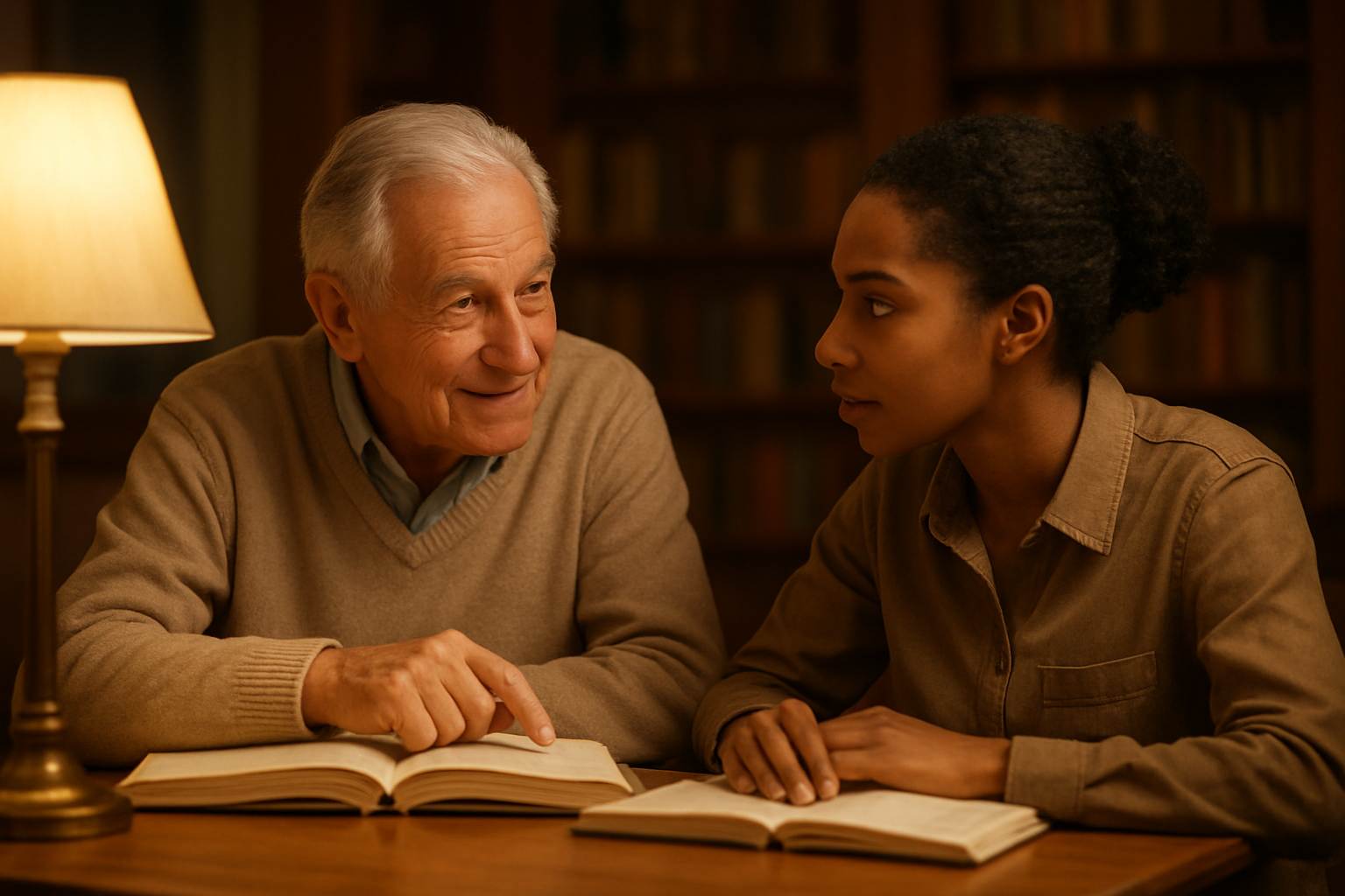 Create a realistic image of an elderly white male mentor with gray hair and kind eyes sitting across from a younger black female at a wooden table in a warm, softly lit library or study room, both leaning forward in engaged conversation, with open books and notebooks on the table between them, warm golden lighting from a table lamp creating an atmosphere of trust and guidance, bookshelves visible in the blurred background, both people dressed in casual but respectful attire, the scene conveying wisdom-sharing and mentorship. Absolutely NO text should be in the scene.
