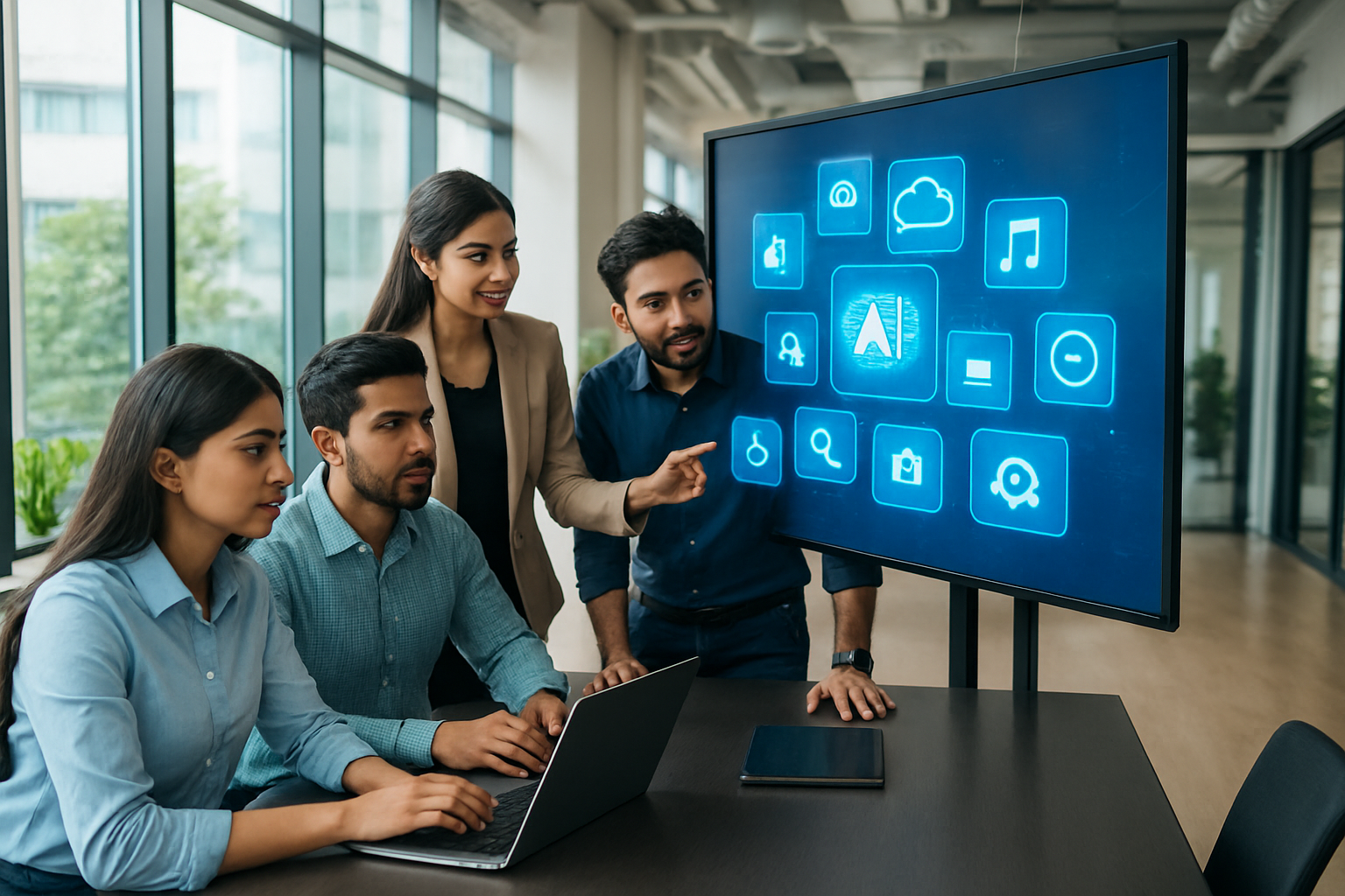 Create a realistic image of a modern Pakistani office environment with young South Asian male and female professionals collaborating around a large digital display screen showing various emerging technology icons like AI symbols, social media platforms, mobile apps, and e-commerce graphics, with laptops and tablets on a sleek conference table, bright natural lighting from large windows, contemporary office setting with a vibrant and innovative atmosphere suggesting growth and opportunity, absolutely NO text should be in the scene.