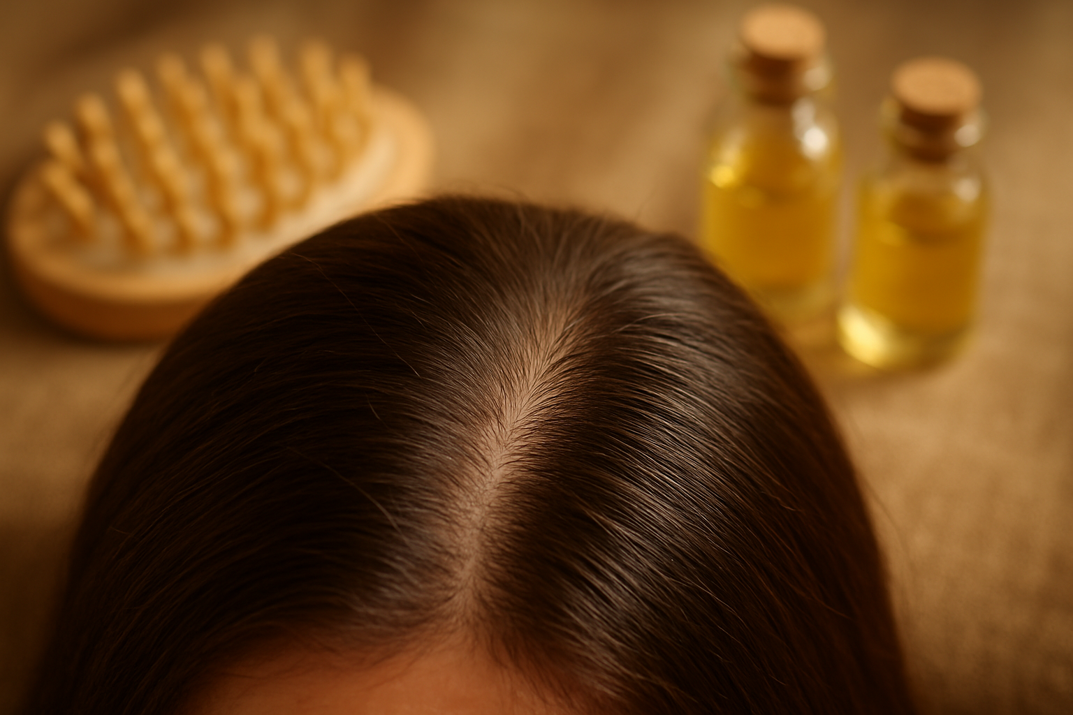 Create a realistic image of a close-up view of healthy scalp and hair roots showing dense, thick hair follicles, with a wooden scalp massage brush and natural oil bottles in soft focus in the background, warm natural lighting creating a spa-like atmosphere, shot from above at a 45-degree angle to showcase the scalp texture and hair density, absolutely NO text should be in the scene.