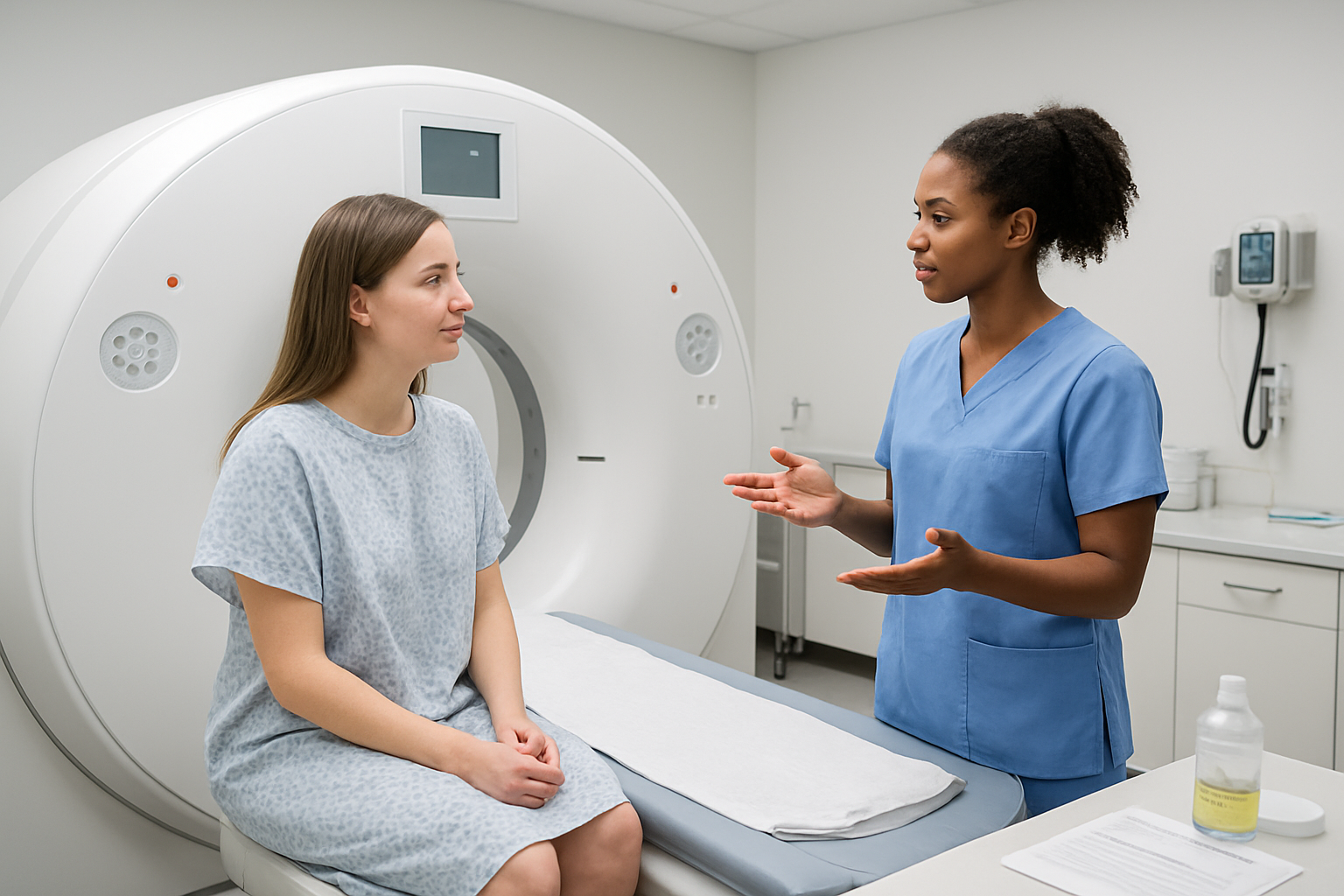 Create a realistic image of a modern medical examination room with a CT scanner machine prominently displayed, featuring a white female patient in a hospital gown sitting on the examination table while a black female radiologic technologist in scrubs explains the procedure, with medical preparation items like contrast solution and patient instruction sheets visible on a nearby counter, clean white walls with medical equipment, bright clinical lighting, professional healthcare atmosphere, absolutely NO text should be in the scene.