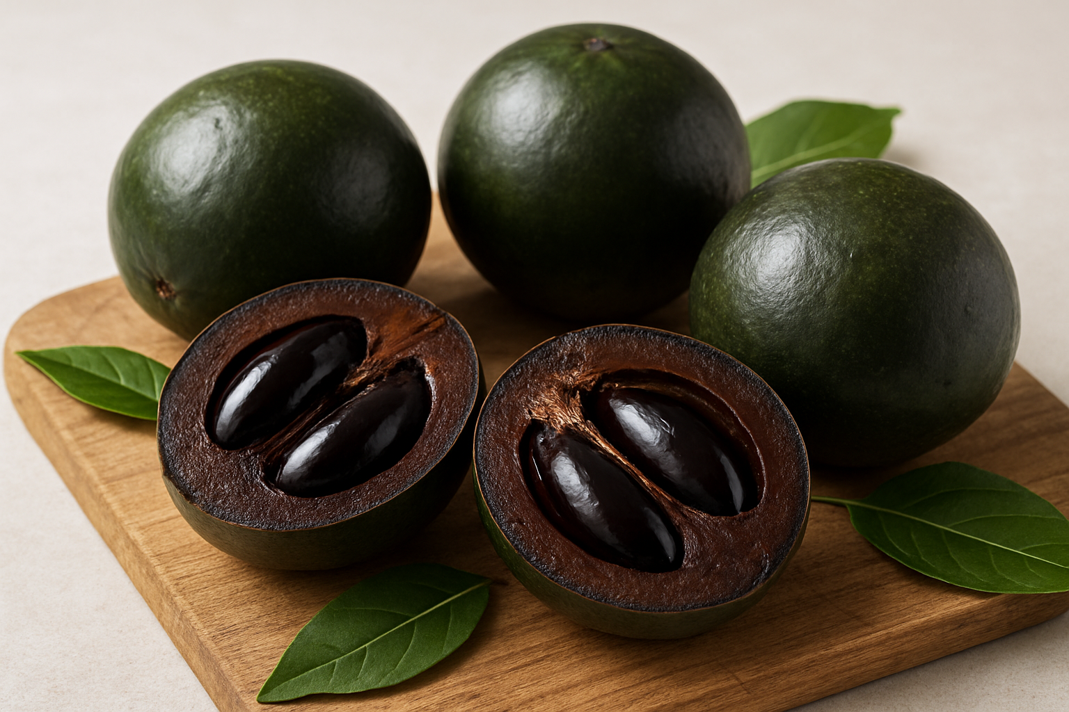 Create a realistic image of fresh black sapote fruits displayed to showcase their unique characteristics, featuring whole dark green-skinned fruits alongside cut-open specimens revealing their rich, dark chocolate-colored flesh and glossy black seeds, arranged on a natural wooden cutting board with soft natural lighting highlighting the fruit's distinctive texture and color contrast, surrounded by a few green leaves, shot from a slightly elevated angle to show both the exterior and interior features clearly, with a clean neutral background that emphasizes the fruit's unusual appearance, absolutely NO text should be in the scene.