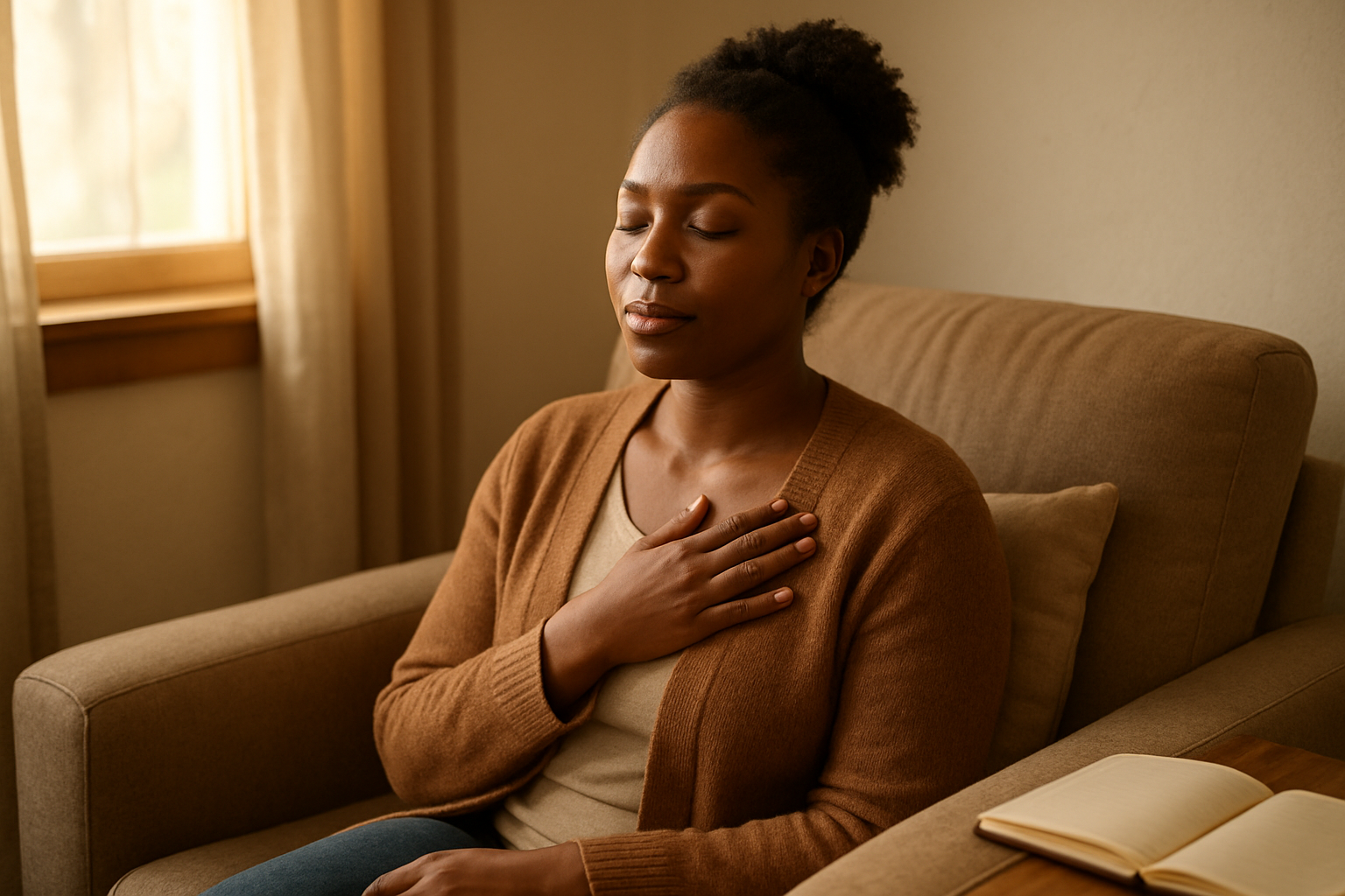Create a realistic image of a black female sitting in a comfortable chair with her eyes closed in a peaceful, contemplative pose, her hand gently placed over her heart, surrounded by a warm, softly lit room with natural sunlight streaming through a window, creating a serene atmosphere that suggests inner reflection and self-compassion, with subtle elements like a journal on a nearby table and soft pillows, conveying a sense of quiet strength and personal growth, absolutely NO text should be in the scene.