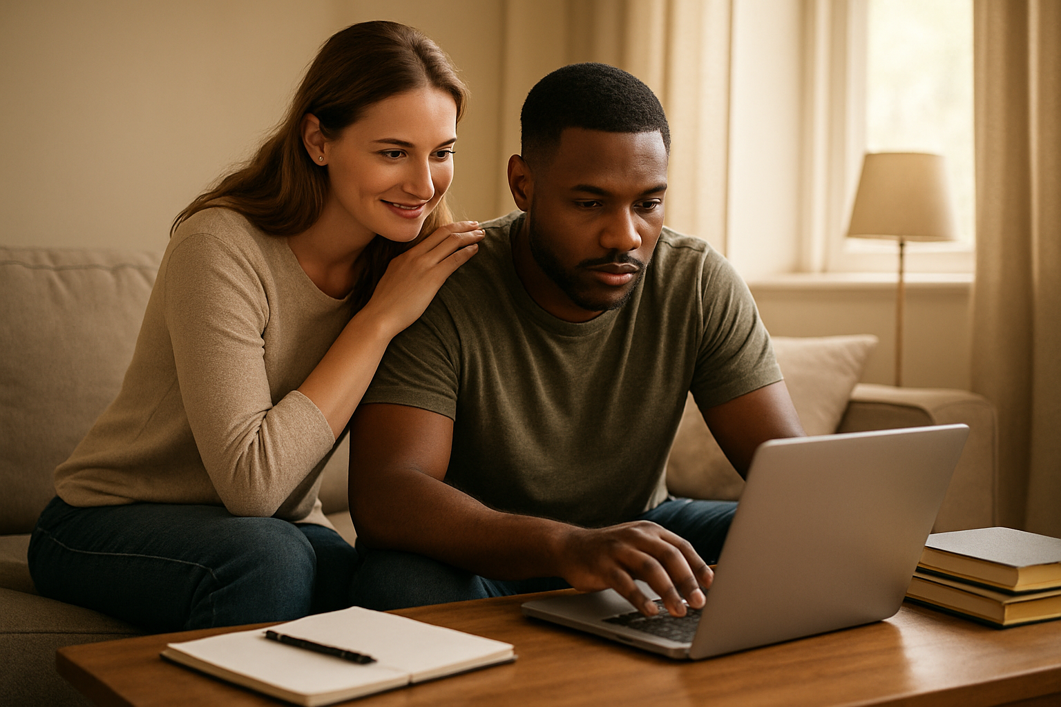 Create a realistic image of a white female partner sitting beside a black male on a couch, both looking at a laptop screen together, with the woman's hand gently placed on his shoulder in an encouraging gesture, while he appears focused on what seems to be an online course or career development content, surrounded by notebooks and motivational books on a coffee table, in a warm, softly-lit living room with natural sunlight streaming through a window, creating an atmosphere of support and encouragement for personal growth and dreams. Absolutely NO text should be in the scene.