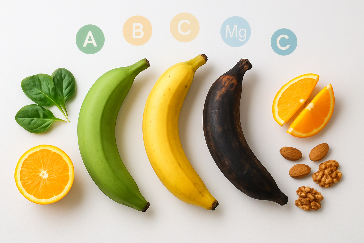Create a realistic image of fresh plantains at different ripeness stages (green, yellow, and black) arranged on a clean white surface alongside colorful fresh fruits and vegetables like spinach leaves, orange slices, and nuts, with a subtle infographic-style layout showing vitamin and mineral symbols floating above the plantains, soft natural lighting from above, clean and bright atmosphere suggesting health and nutrition. Absolutely NO text should be in the scene.