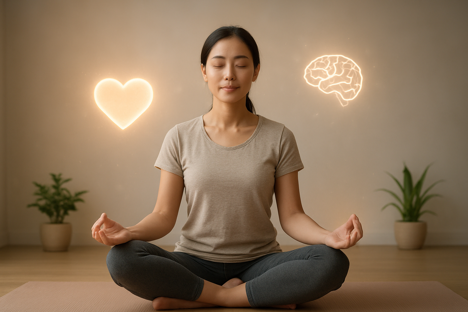 Create a realistic image of a peaceful Asian female in her 30s sitting in lotus position with eyes closed in a serene meditation pose, surrounded by subtle visual representations of health benefits including a glowing heart symbol, brain icon, and peaceful aura, set against a soft gradient background with warm natural lighting, featuring complementary elements like a yoga mat, small potted plants, and gentle bokeh effects to convey wellness and tranquility, absolutely NO text should be in the scene.