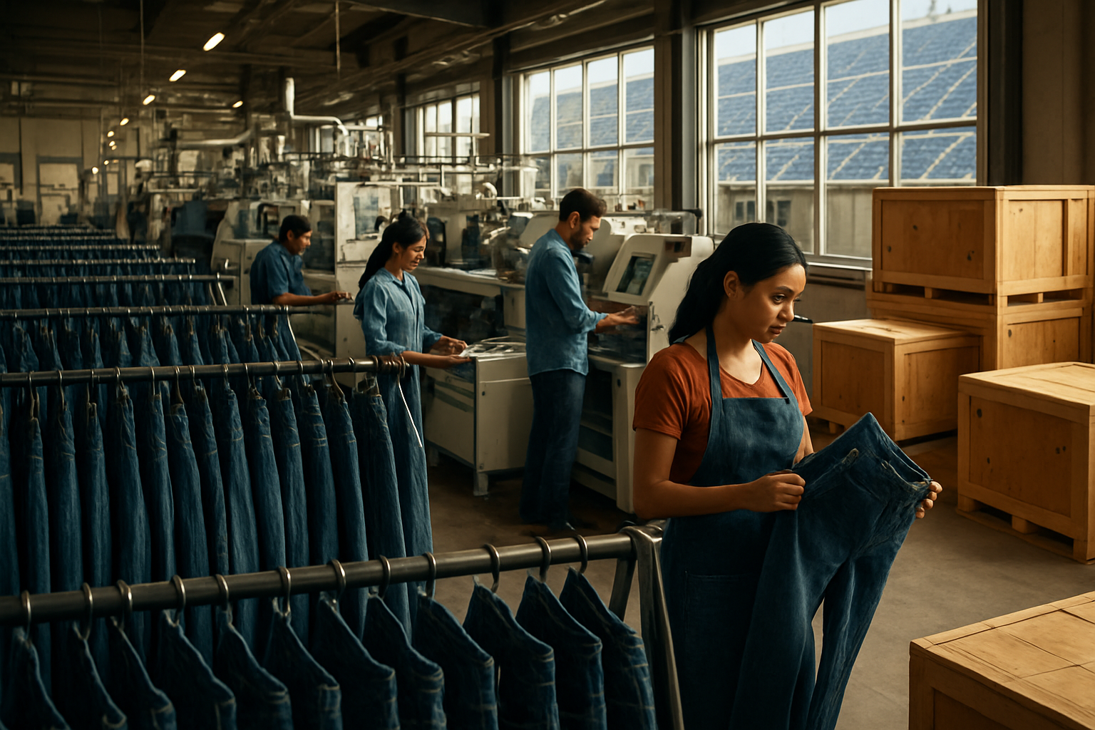 Create a realistic image of a modern Indian denim manufacturing facility with rows of premium blue jeans hanging on industrial racks, showcasing various shades and washes, with advanced textile machinery in the background, eco-friendly solar panels visible through large windows, skilled Indian workers (both male and female) operating sophisticated equipment, wooden shipping crates labeled for international export, and warm natural lighting streaming through the facility creating a professional and innovative atmosphere. Absolutely NO text should be in the scene.