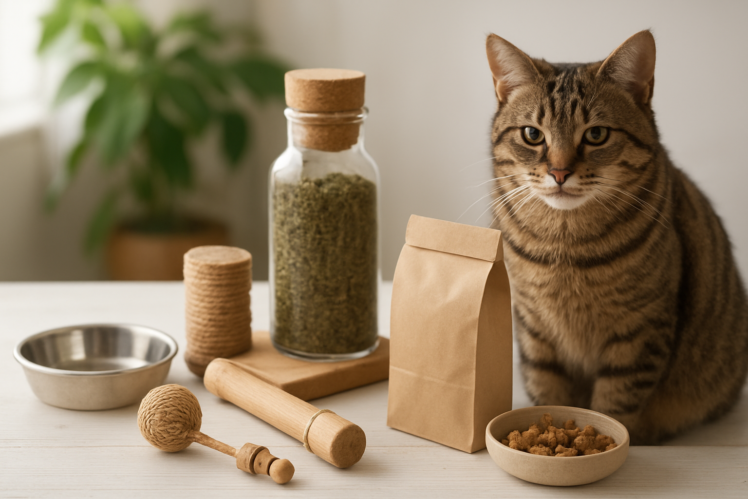 Create a realistic image of a collection of eco-friendly, non-toxic pet products arranged on a clean white wooden surface, including bamboo cat toys, organic catnip in a glass jar, natural wood scratching post, biodegradable cat litter made from recycled paper, stainless steel food bowls, and organic cat treats in compostable packaging, with a healthy tabby cat sitting peacefully nearby, soft natural lighting from a window, green plants visible in the background suggesting environmental consciousness, warm and clean atmosphere. Absolutely NO text should be in the scene.