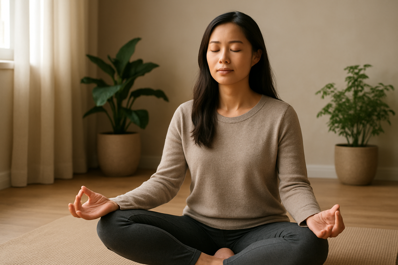 Create a realistic image of a peaceful Asian female in her 30s sitting cross-legged in a meditation pose with eyes closed and hands resting on her knees, surrounded by a serene indoor environment with soft natural lighting from a nearby window, featuring calming elements like potted plants and a yoga mat, with her healthy long dark hair gently flowing over her shoulders, conveying tranquility and stress relief in warm neutral tones, absolutely NO text should be in the scene.