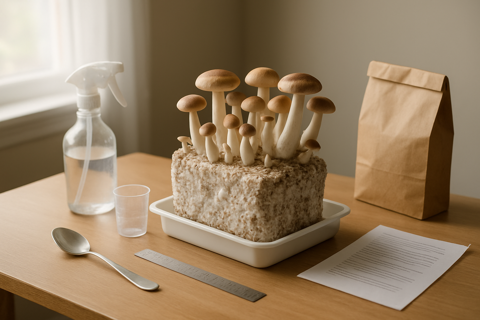 Create A Realistic Image Of A Successful Mushroom Cultivation Setup Showing A Completed Grow Kit With Healthy White And Brown Mushrooms Growing From Substrate, Surrounded By Essential Growing Supplies Including A Spray Bottle, Measuring Tools, And Instruction Materials On A Clean Wooden Table, With Soft Natural Lighting From A Nearby Window Creating A Warm, Accomplished Atmosphere That Conveys Completion And Success, Absolutely No Text Should Be In The Scene.