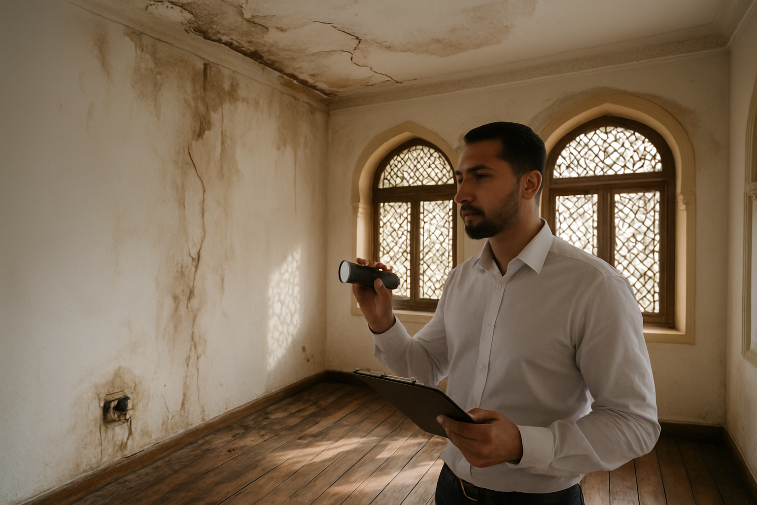 Create a realistic image of a villa interior showing multiple structural problems and defects including visible water damage stains on white walls, cracked ceiling with peeling paint, warped wooden flooring with gaps, a broken electrical outlet with exposed wires, and a Middle Eastern male inspector in his 30s wearing a white button-down shirt holding a clipboard and flashlight while examining these issues, set in a luxurious Abu Dhabi villa room with Arabic architectural elements, natural daylight streaming through ornate windows creating dramatic lighting that highlights the defects, conveying a serious and professional inspection atmosphere, absolutely NO text should be in the scene.