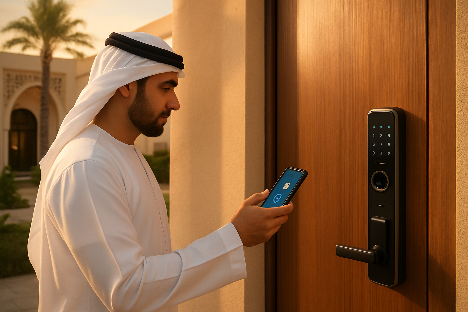 Create a realistic image of a modern UAE villa entrance featuring a sleek smart door lock with digital keypad and biometric scanner, showing a Middle Eastern male homeowner in traditional white kandura successfully unlocking the door with his smartphone, warm golden hour lighting highlighting the secure entry system, luxury residential architecture with Arabic design elements in the background, conveying safety and modern technology integration, absolutely NO text should be in the scene.
