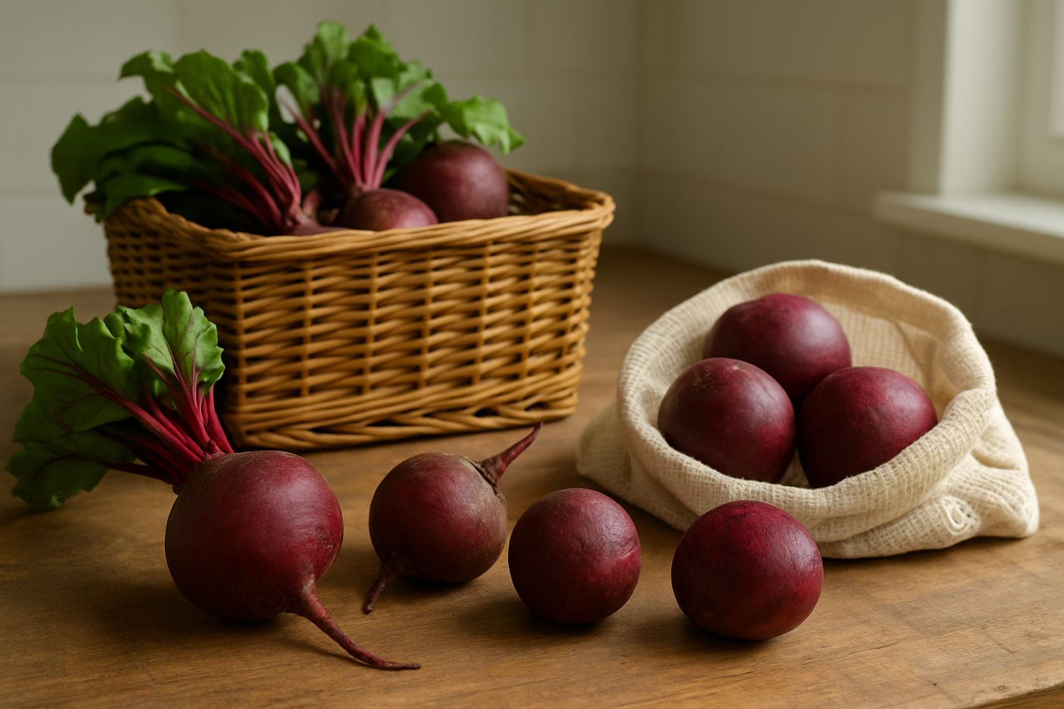 Create a realistic image of fresh beetroots in various stages of selection and storage, showing whole beetroots with vibrant deep red-purple skin and green leafy tops alongside some that are cleaned and trimmed, arranged on a rustic wooden kitchen counter next to a wicker storage basket and a produce storage bag, with soft natural lighting streaming from a nearby window creating gentle shadows, displaying the beetroots in an organized manner that demonstrates proper selection criteria with some showing ideal firm texture and others showing signs to avoid, all set against a clean kitchen background with neutral tones, absolutely NO text should be in the scene.