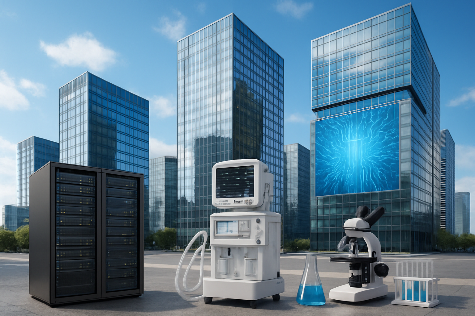Create a realistic image of modern corporate office buildings representing technology and pharmaceutical companies with sleek glass facades and digital displays, featuring computer servers, medical equipment, and laboratory instruments in the foreground, set against a professional business district backdrop with blue sky and natural lighting, conveying stability and growth potential, absolutely NO text should be in the scene.