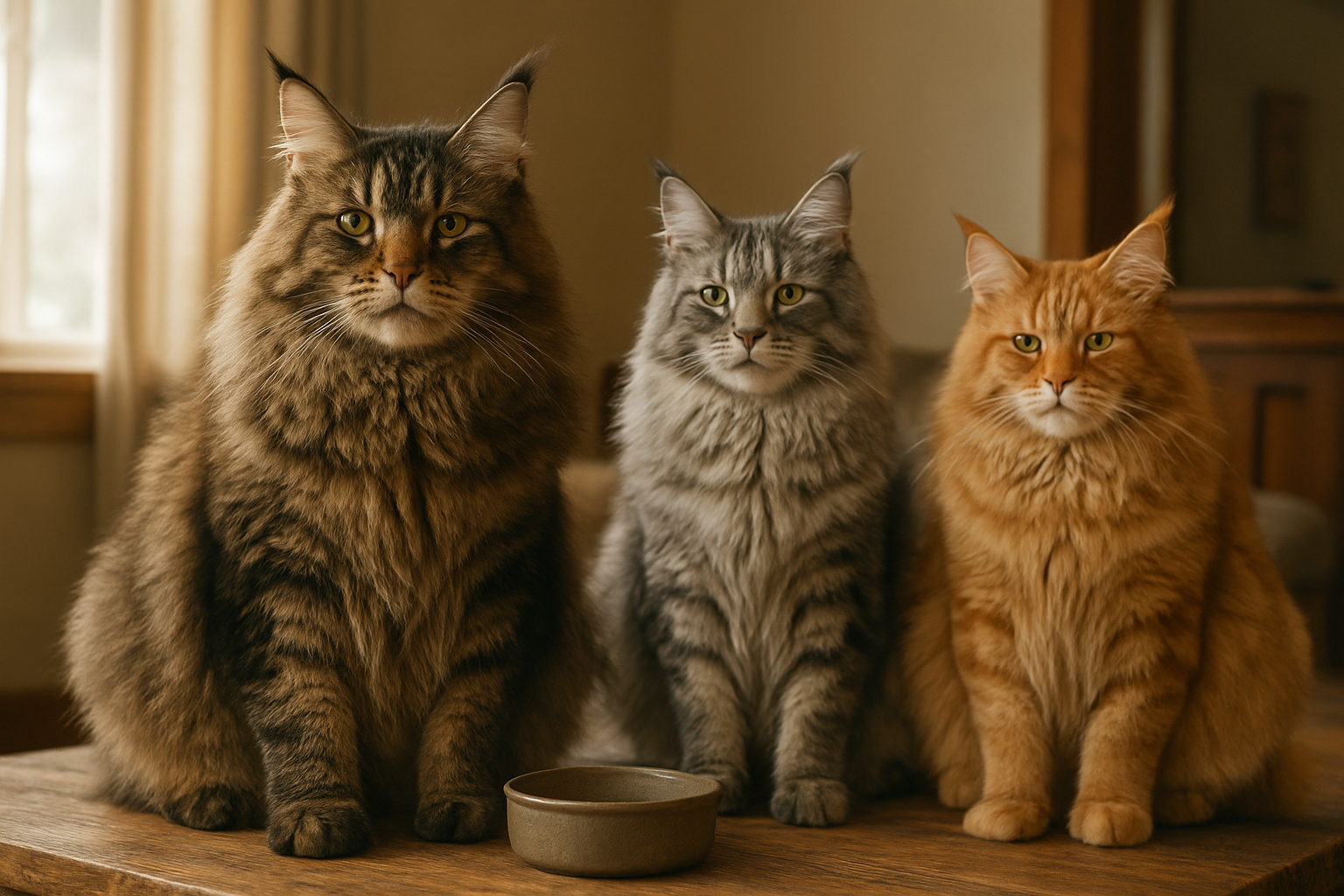 Create a realistic image of three enormous Maine Coon cats with distinctive Scottish Highland characteristics, featuring exceptionally large and fluffy coats in brown tabby, silver tabby, and red tabby patterns, sitting majestically together on a rustic wooden surface, with one cat prominently named Andy showing remarkable size comparison next to household objects like a regular-sized cat food bowl and furniture, displaying their impressive muscular builds and distinctive tufted ears, set against a cozy indoor background with warm natural lighting streaming through a window, capturing their gentle giant personalities and extraordinary scale that makes them appear larger than life, with soft shadows emphasizing their magnificent fur texture and imposing presence, absolutely NO text should be in the scene.