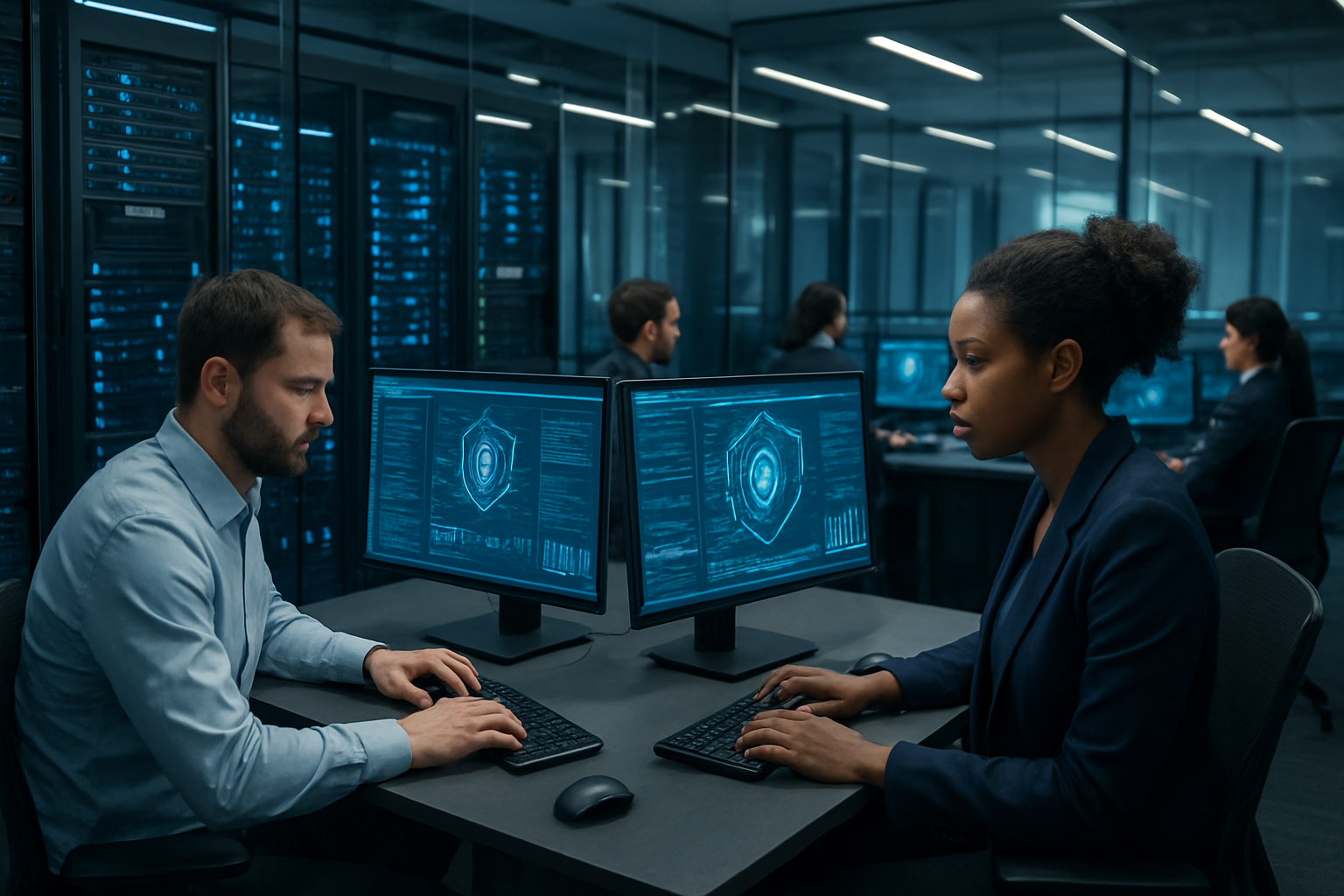 Create a realistic image of a modern corporate office environment showing cybersecurity implementation, featuring a diverse team of IT professionals including a white male system administrator and a black female security analyst working at multiple computer workstations with quantum-safe encryption diagrams displayed on large monitors, surrounded by server racks with blue LED indicators, network cables, and security infrastructure equipment, set in a sleek technology operations center with glass walls, modern lighting, and a professional atmosphere conveying advanced digital security transformation, absolutely NO text should be in the scene.