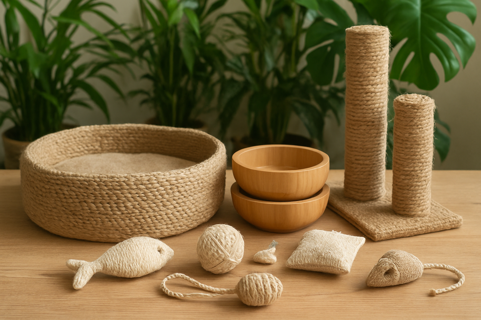 Create a realistic image of a collection of eco-friendly cat accessories and toys made from sustainable materials like bamboo, hemp, and recycled materials, including a natural fiber cat bed, organic cotton toys, bamboo food bowls, and hemp scratching posts, arranged on a wooden surface with soft natural lighting, surrounded by green plants in the background to emphasize the environmental theme, absolutely NO text should be in the scene.