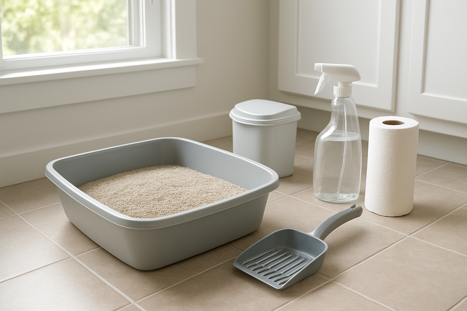 Create a realistic image of a clean, well-organized cat litter maintenance station featuring a fresh litter box with clean litter, a scoop resting beside it, a small waste disposal container with lid, and cleaning supplies including disinfectant spray and paper towels arranged on a tiled floor in a bright, well-lit laundry room or utility area with natural lighting streaming through a window, conveying a sense of cleanliness and proper hygiene maintenance, absolutely NO text should be in the scene.