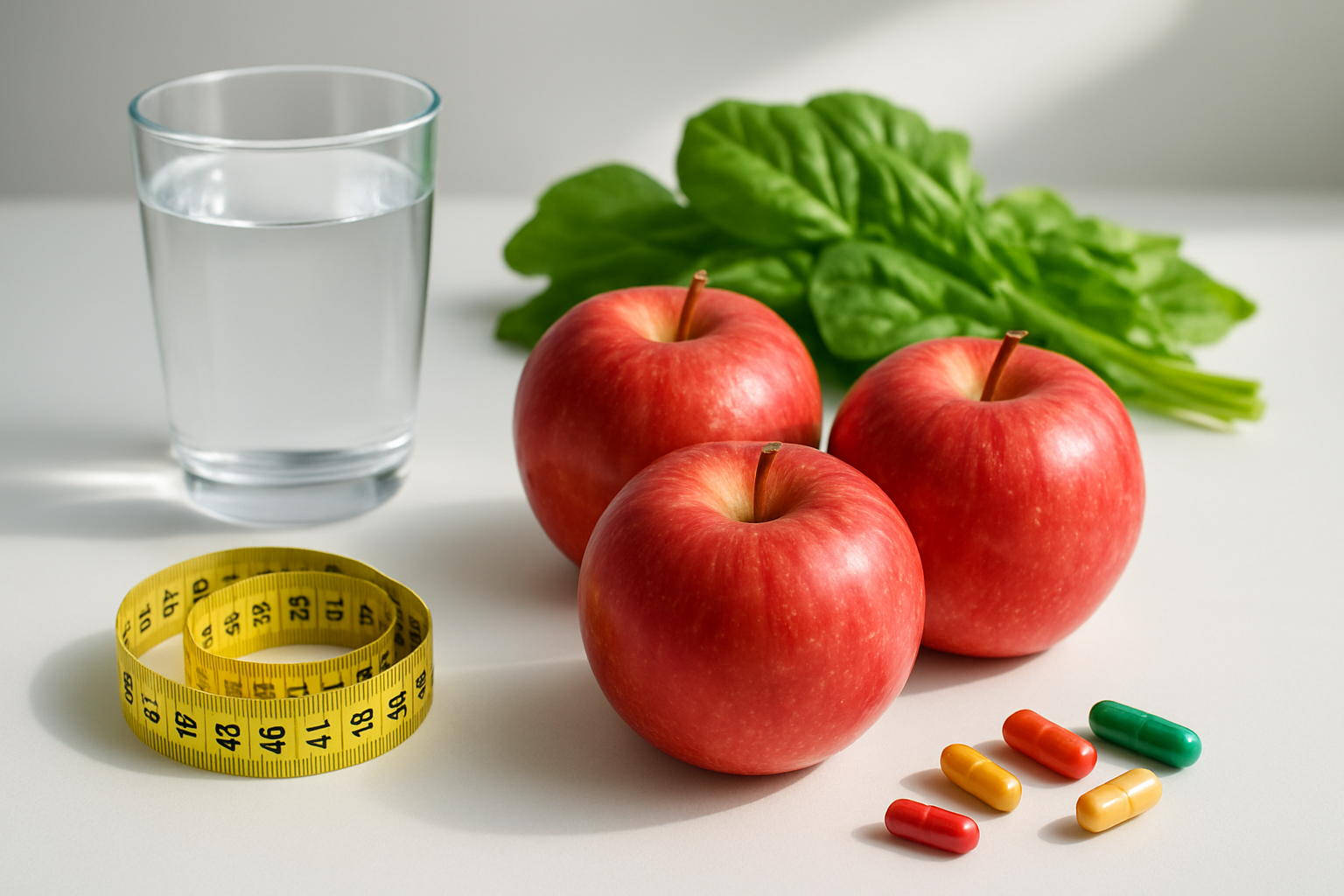 Create a realistic image of fresh red apples arranged on a clean white surface alongside colorful nutritional elements including vitamins represented by small capsules, a measuring tape suggesting health benefits, green leafy vegetables, and a glass of clear water, with natural daylight streaming from the side creating soft shadows, emphasizing the healthy and nutritious aspects of apples in a clean, minimalist composition. Absolutely NO text should be in the scene.