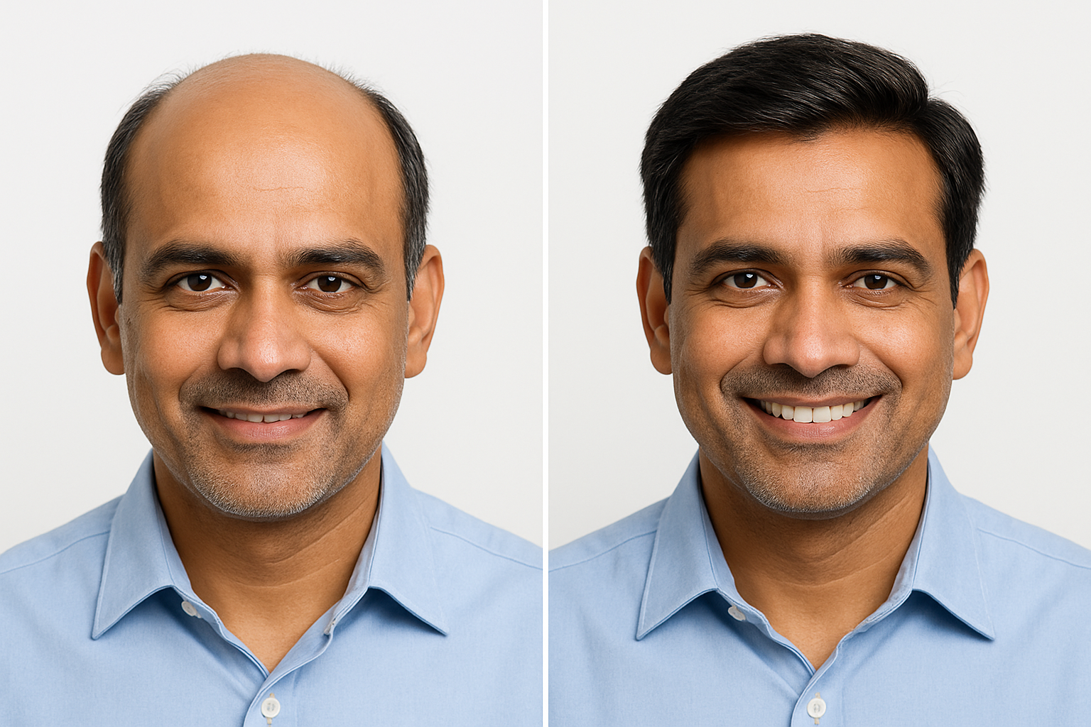 Create a realistic image of a before-and-after comparison showing a middle-aged Indian male patient's hair transformation, with the left side showing balding or thinning hair and the right side showing full, natural-looking transplanted hair results, patient smiling confidently in both photos, professional medical photography style with clean white background, bright even lighting highlighting the hair detail and natural skin tones, absolutely NO text should be in the scene.