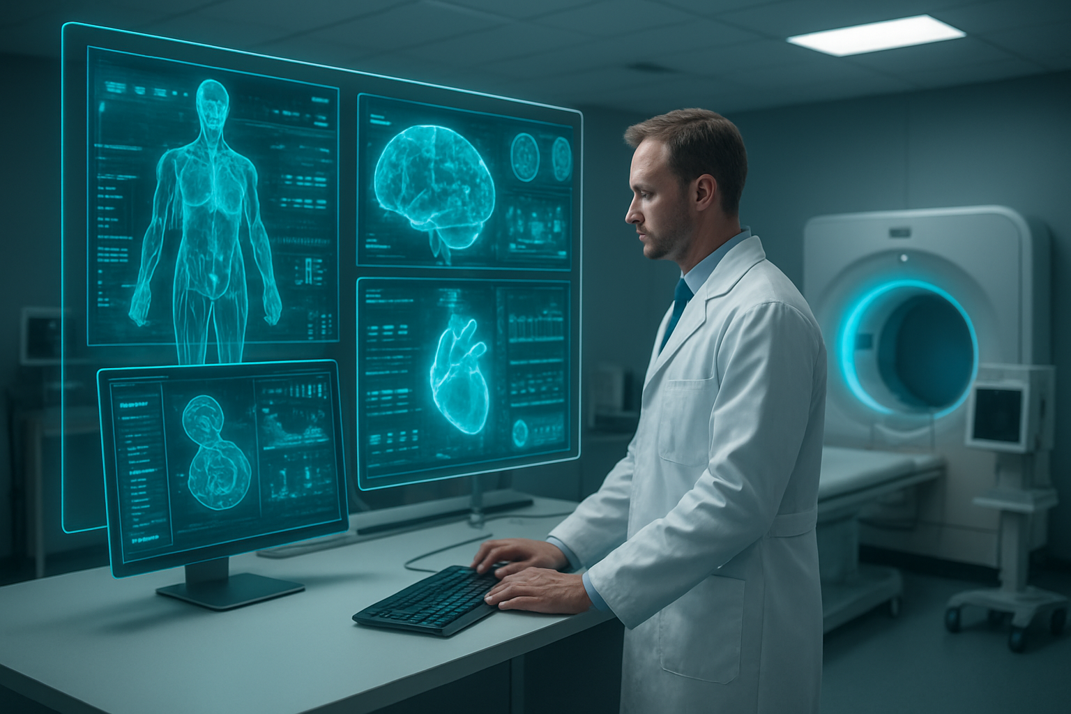 Create a realistic image of a modern medical examination room where a white male doctor in a white coat is analyzing patient data on multiple advanced digital displays and holographic projections showing 3D anatomical models, brain scans, and diagnostic charts, with AI-powered medical equipment and computers surrounding him, featuring sleek futuristic medical technology with blue and green glowing interfaces, professional clinical lighting, and a clean, sterile environment that conveys cutting-edge healthcare innovation. Absolutely NO text should be in the scene.