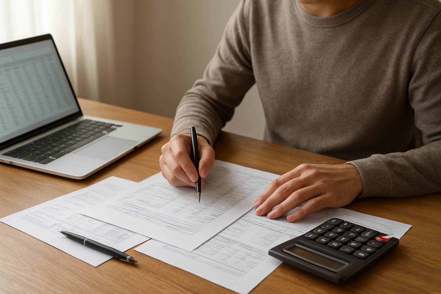Create a realistic image of a person sitting at a clean wooden desk with financial documents, bank statements, and a calculator spread out in front of them, with a laptop open showing spreadsheet data, a pen in hand as they review their finances, soft natural lighting from a nearby window, calm and focused atmosphere suggesting careful financial planning and assessment, absolutely NO text should be in the scene.
