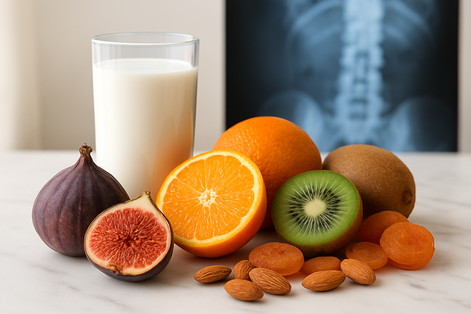 Create a realistic image of calcium-rich fruits including figs, oranges, kiwis, and dried apricots arranged on a clean white marble surface, with a glass of milk and a few almonds scattered nearby, complemented by a subtle background showing a bone density scan or X-ray image softly blurred in the background, bright natural lighting from the side creating soft shadows, conveying health and nutrition for bone strength, absolutely NO text should be in the scene.