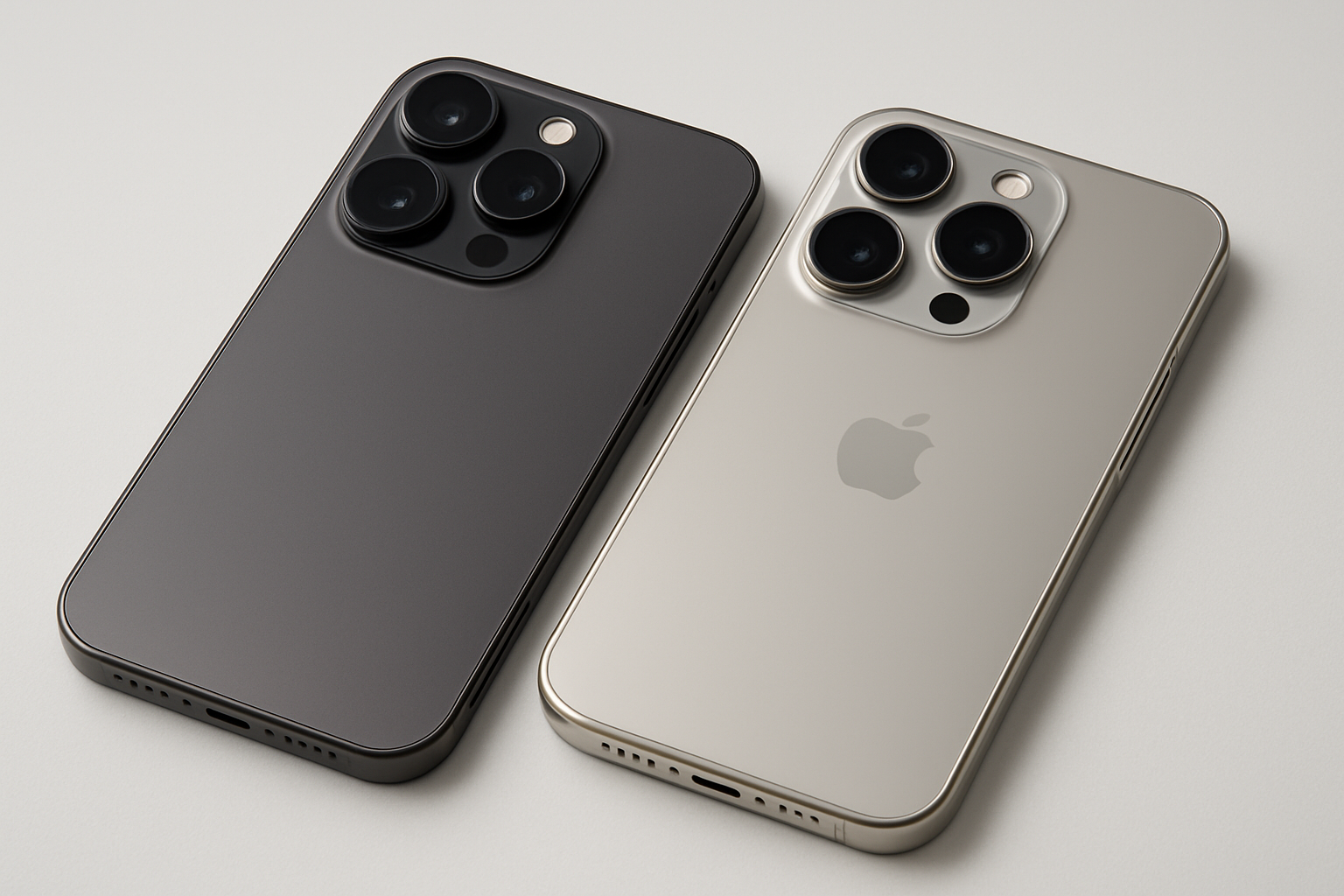Create a realistic image of two premium smartphones positioned side by side on a clean white surface, one representing the iPhone 16 Pro and another representing the iPhone 17 Pro, showcasing subtle design differences in their build quality, camera module arrangements, and frame materials, with professional studio lighting highlighting the metallic finishes and glass surfaces, clean minimalist background with soft shadows, focus on the craftsmanship details and structural elements that demonstrate the evolution in design between the two models, absolutely NO text should be in the scene.
