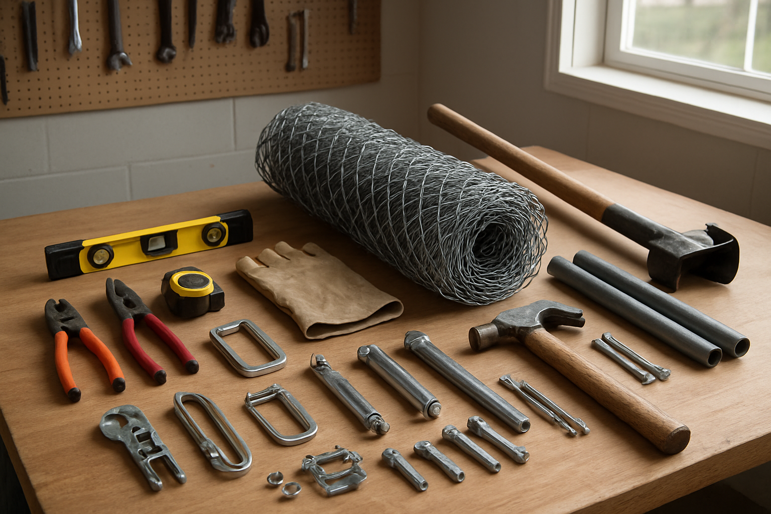 Create a realistic image of a well-organized collection of essential tools and materials for building a chain link dog kennel laid out on a wooden workbench, including wire cutters, pliers, measuring tape, level, post-hole digger, hammer, screwdriver, work gloves, chain link fencing material rolled up, metal fence posts, gate hinges, latches, galvanized bolts and screws, tension bands, and tie wires, with a clean garage workshop background featuring pegboard walls and good natural lighting from a window, absolutely NO text should be in the scene.