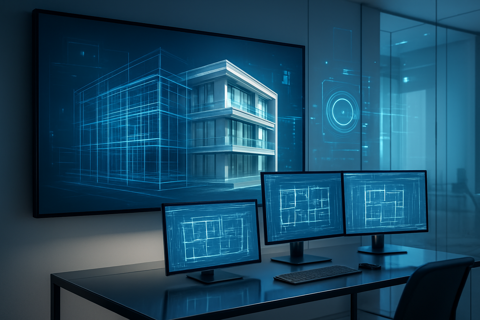 Create a realistic image of a modern architect's workspace showing AI-powered design transformation, featuring a large wall-mounted display showing a 3D building model transitioning from basic wireframe to detailed architectural rendering, with holographic-style overlay elements, a sleek desk with multiple monitors displaying floor plans and construction blueprints, futuristic digital interface elements floating in the air, ambient blue and white lighting creating a high-tech atmosphere, clean minimalist office environment with glass surfaces and metal accents, absolutely NO text should be in the scene.