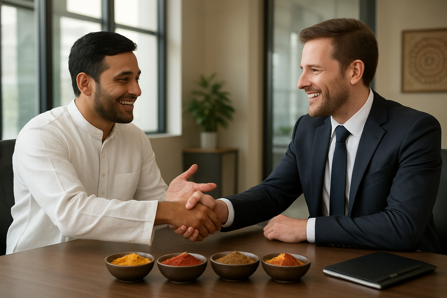 Create a realistic image of an Indian male businessman in traditional white kurta and a white male buyer in business suit sitting across from each other at a modern conference table, both leaning forward in engaged conversation with open body language and warm smiles, colorful Indian spices in small bowls scattered on the table between them, handshake gesture suggesting partnership, bright natural lighting from large windows in the background showing a modern office setting with subtle Indian decorative elements, professional yet warm atmosphere conveying trust and mutual respect, absolutely NO text should be in the scene.