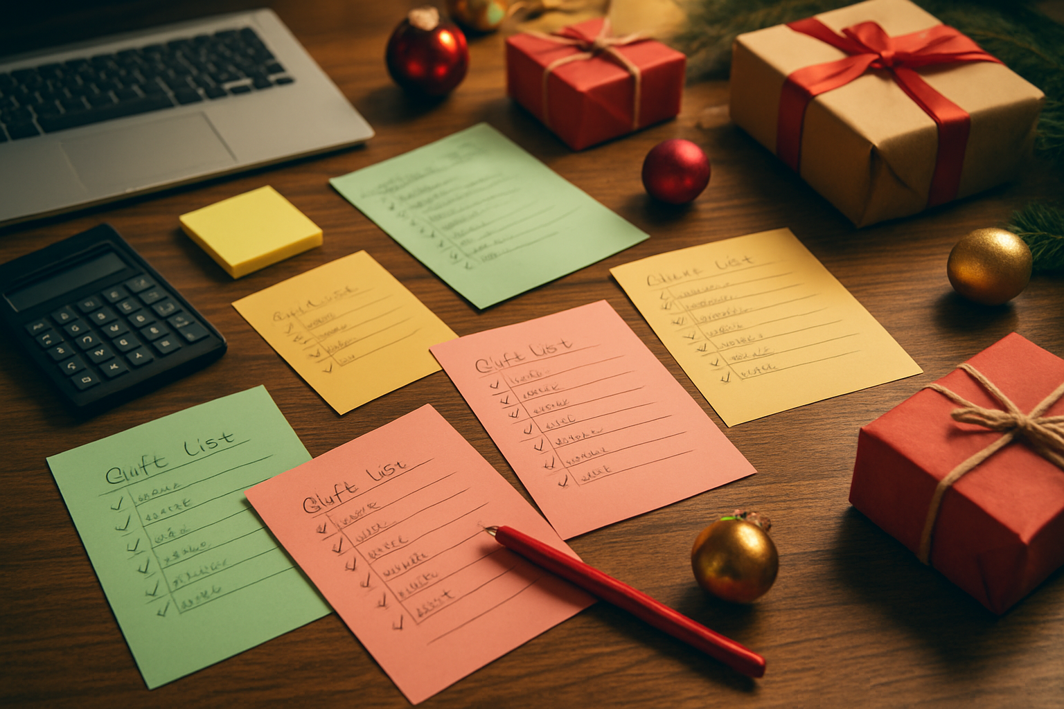 Create a realistic image of a wooden desk surface with multiple handwritten gift lists on colorful papers spread out, surrounded by Christmas planning materials including a red pen, calculator, sticky notes, and a laptop computer partially visible, with wrapped gift boxes and Christmas ornaments scattered around the workspace, warm indoor lighting creating a cozy holiday planning atmosphere, absolutely NO text should be in the scene.