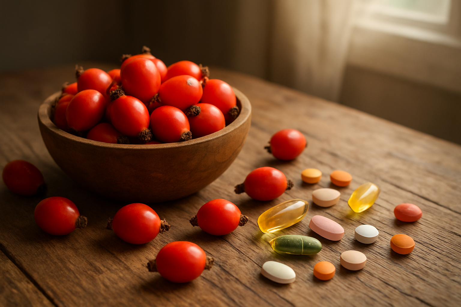 Create a realistic image of fresh rose hip fruits arranged in a wooden bowl with some scattered around on a rustic wooden table, alongside colorful vitamin capsules and pills to represent their nutritional benefits, with soft natural lighting coming from a window, creating a warm and healthy atmosphere that emphasizes the superfood qualities of rose hips, absolutely NO text should be in the scene.