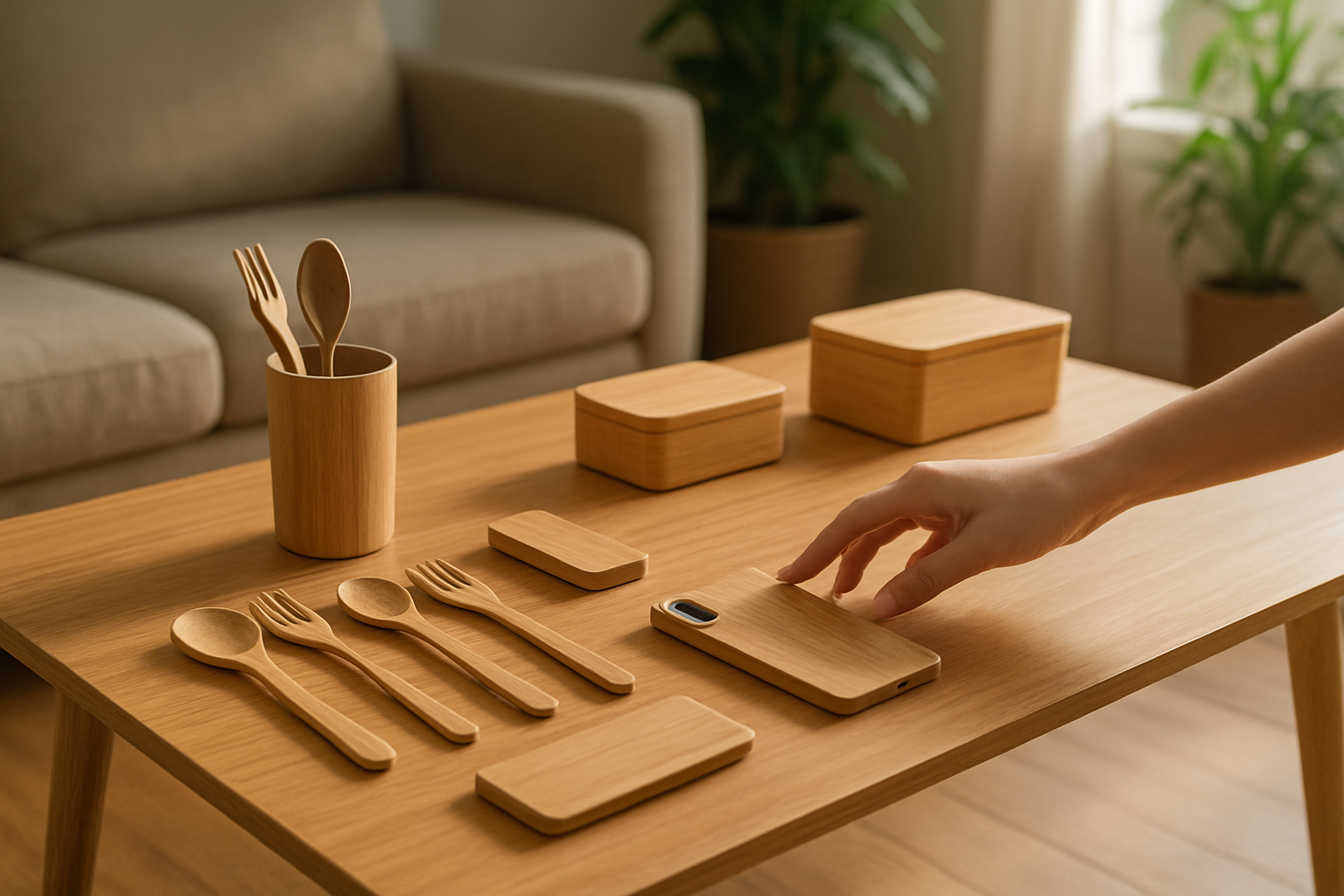Create a realistic image of a modern living room scene with a sleek wooden coffee table made of bamboo as the central focus, surrounded by various bamboo products including utensils, phone cases, and storage containers arranged on the table surface, with a white female hand reaching toward one of the bamboo items suggesting consideration or decision-making, soft natural lighting streaming through a window in the background creating warm shadows, green potted plants visible in the blurred background to emphasize the environmental theme, and a contemplative, balanced atmosphere that suggests weighing pros and cons, absolutely NO text should be in the scene.