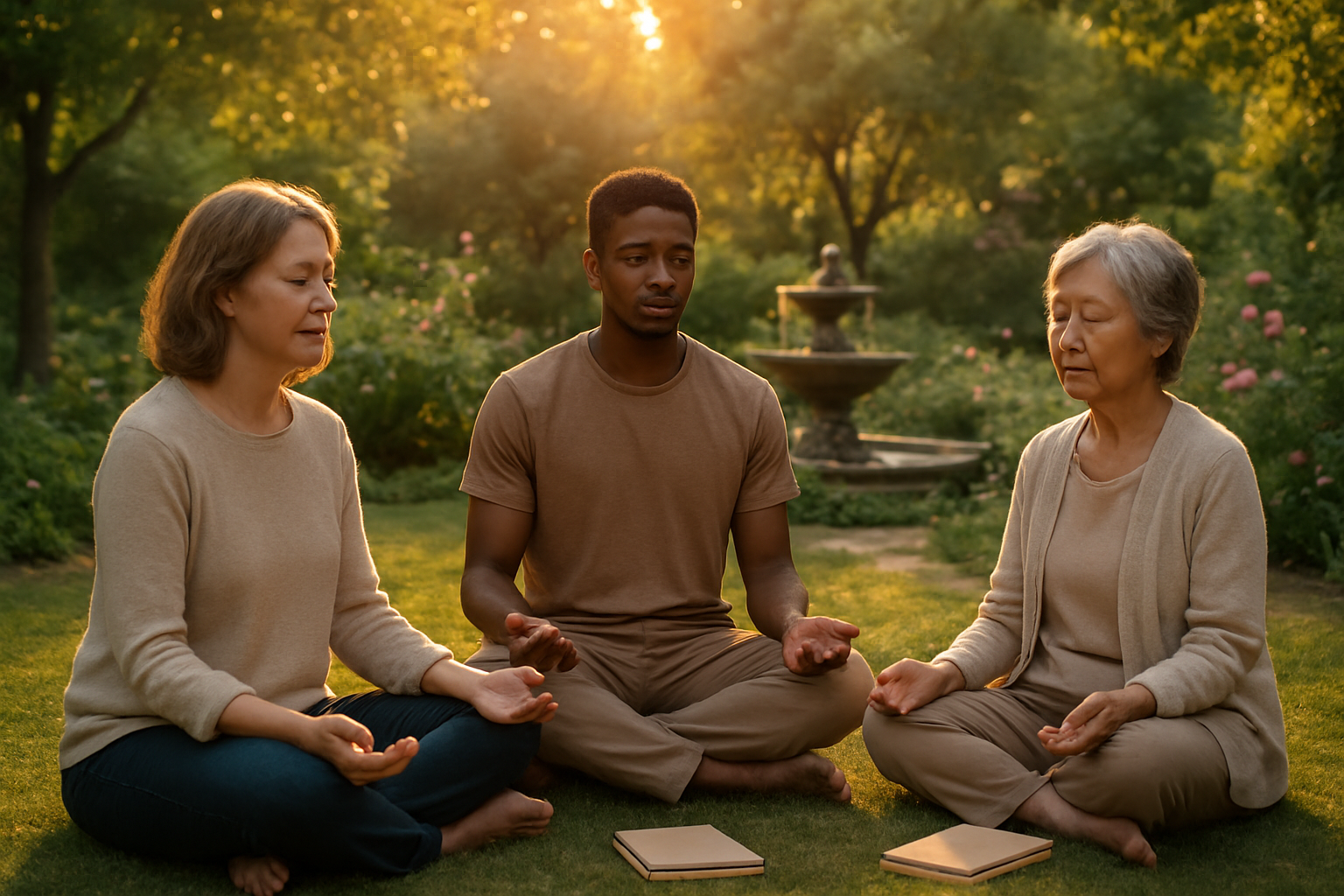 Create a realistic image of a diverse group of people sitting in a peaceful circle outdoors in a serene garden setting, with a middle-aged white female, a young black male, and an elderly Asian female engaged in mindful meditation or discussion, surrounded by soft natural lighting filtering through trees, with elements like journals, a small fountain, and blooming flowers in the background creating a calm atmosphere of personal growth and mental clarity, shot during golden hour with warm, gentle lighting that emphasizes tranquility and inner peace, absolutely NO text should be in the scene.