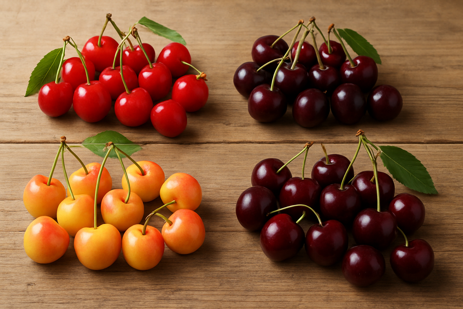 Create a realistic image of various cherry varieties displayed on a rustic wooden surface, showing distinct types including bright red sweet cherries, deep burgundy Bing cherries, yellow and red Rainier cherries, and dark red tart cherries, each variety grouped separately with their stems and leaves still attached, natural daylight illuminating the scene from above, creating soft shadows that highlight the glossy skin texture and unique colors of each cherry type, with a clean neutral background that emphasizes the vibrant natural colors and characteristics of the different cherry varieties, absolutely NO text should be in the scene.
